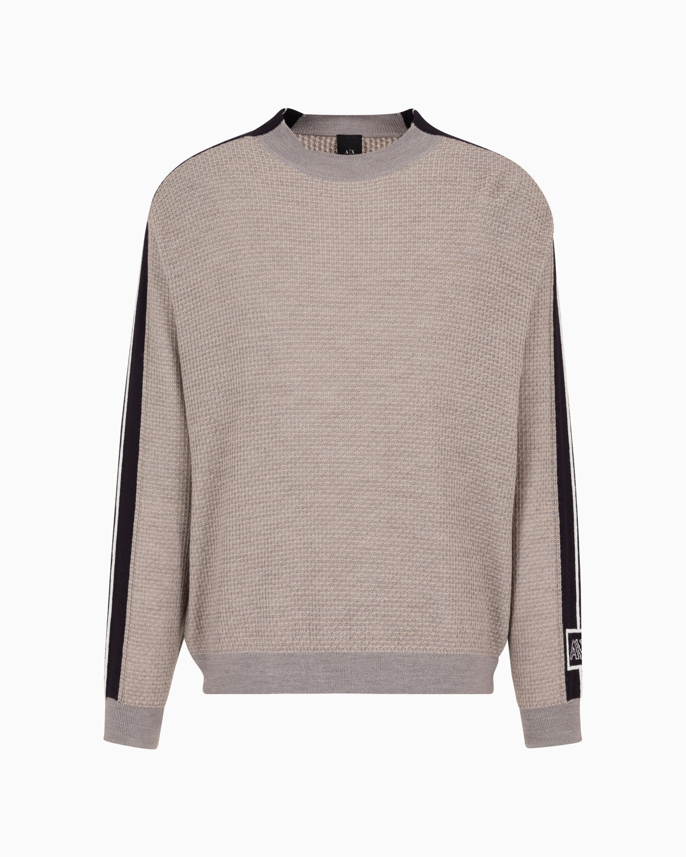 Crewneck sweater in wool blend with bands on the sleeves Slide 0