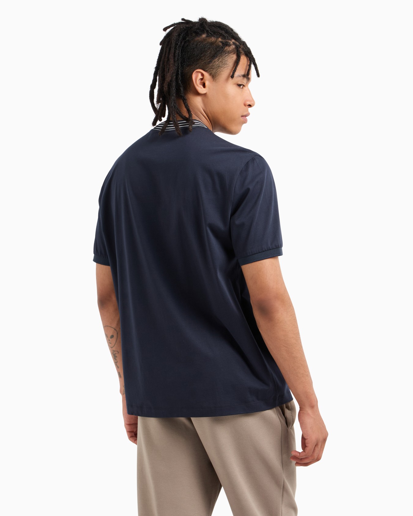 Camiseta regular fit con cuello redondo a rayas de algodón mercerizado ASV Diapositiva 2