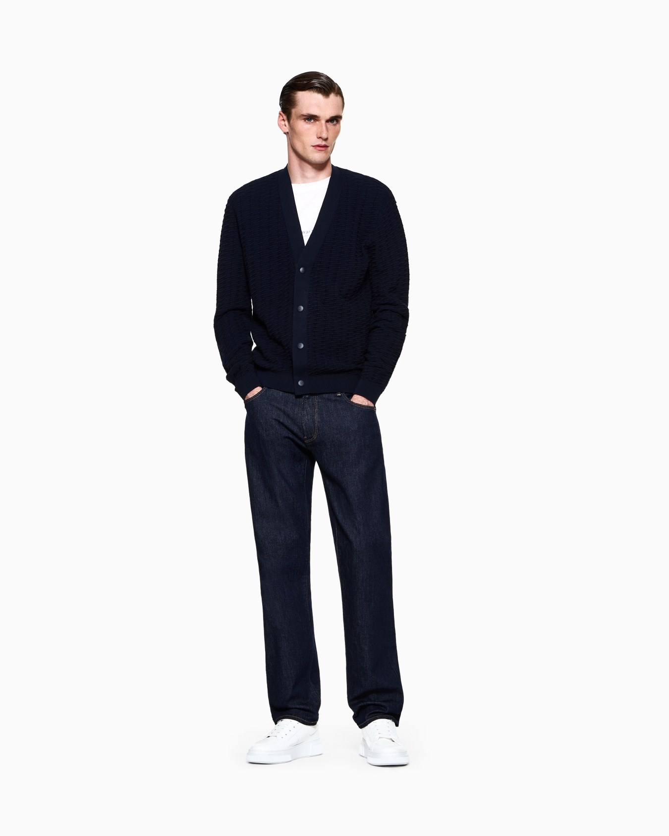 Pantalones cinco bolsillos regular fit de denim de algodón elástico Diapositiva 1