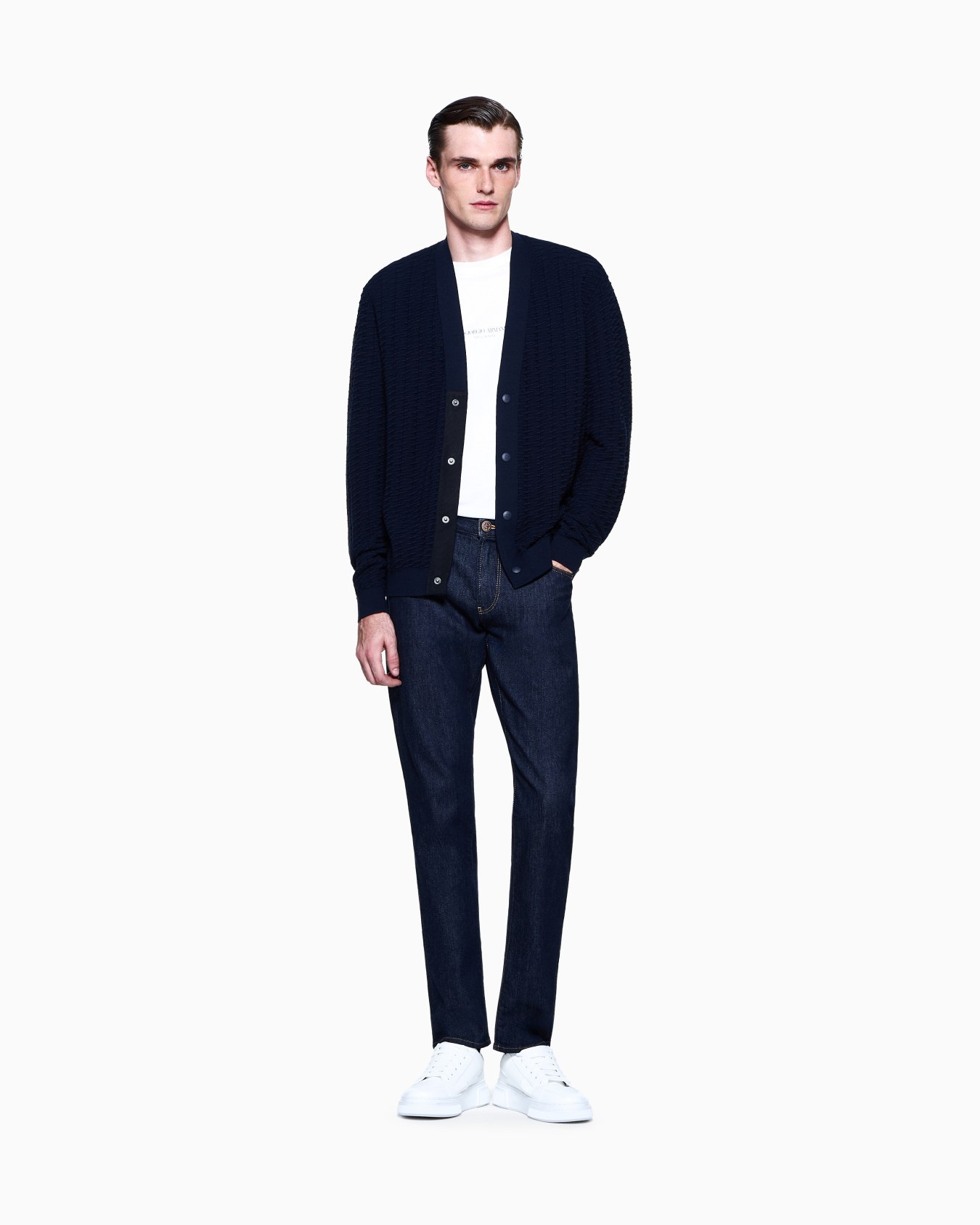 Five-pocket, slim-fit, stretch cotton-denim trousers Slide 1