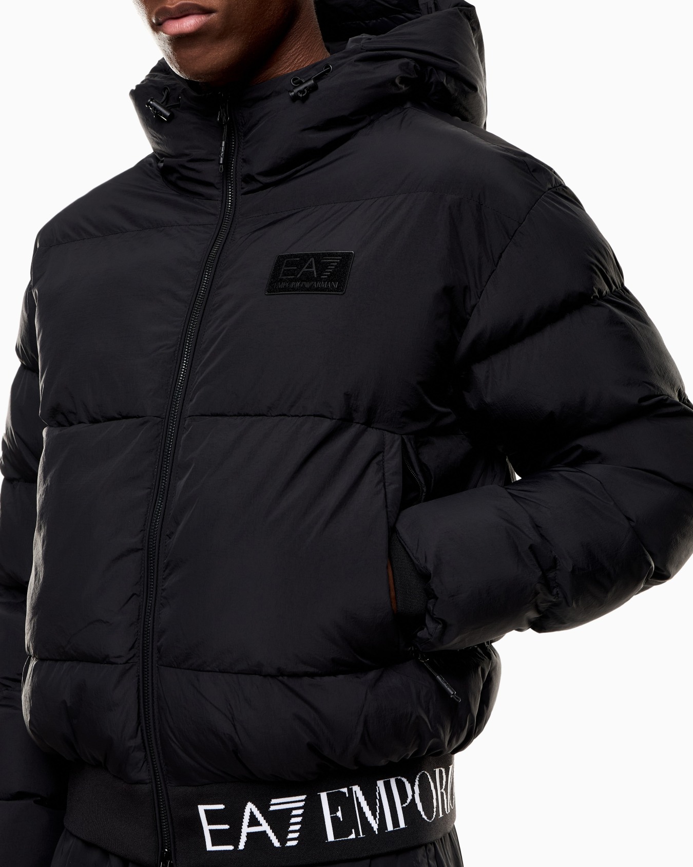 Technical fabric padded jacket with hood and logo  Slide 4