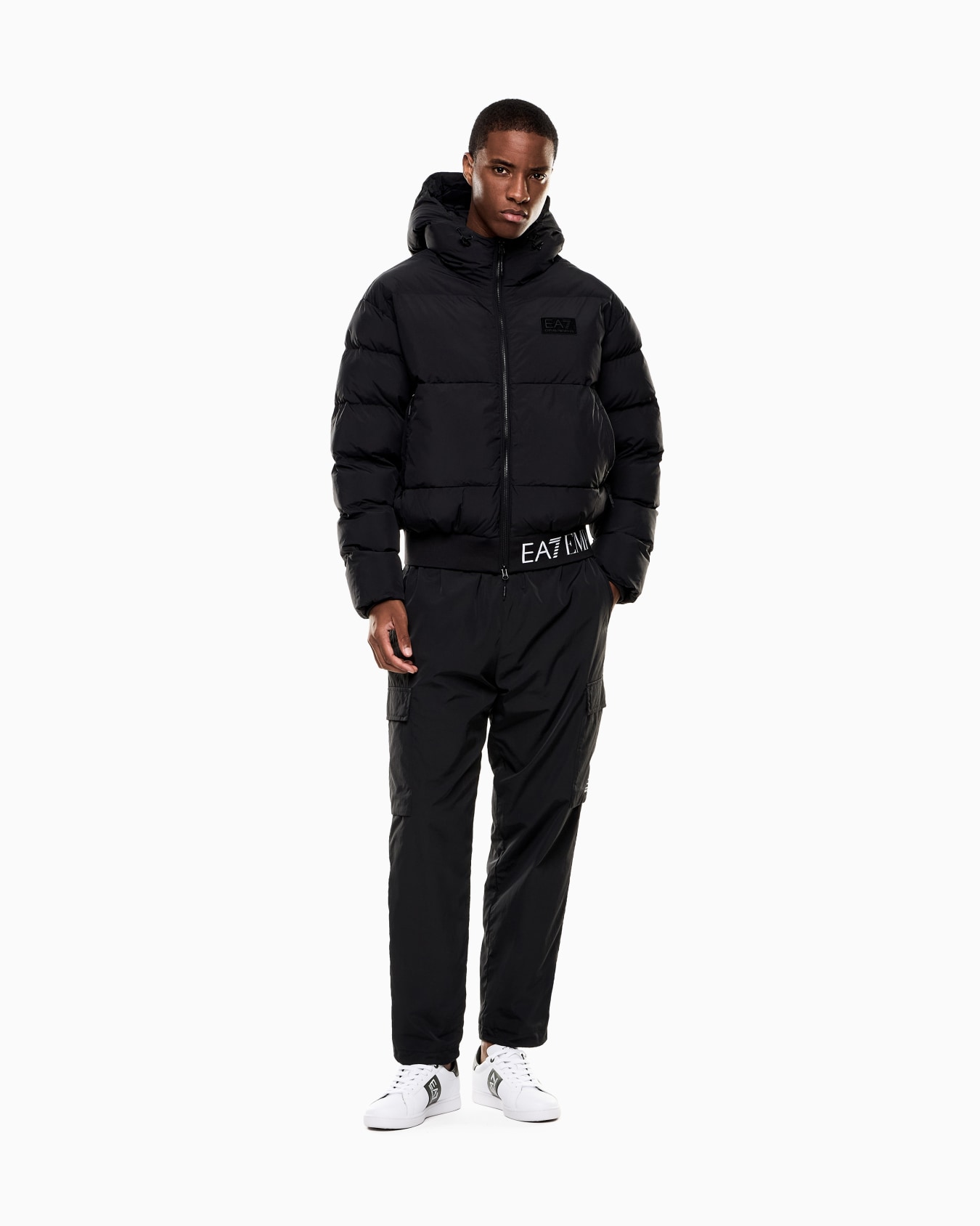 Technical fabric padded jacket with hood and logo  Slide 1