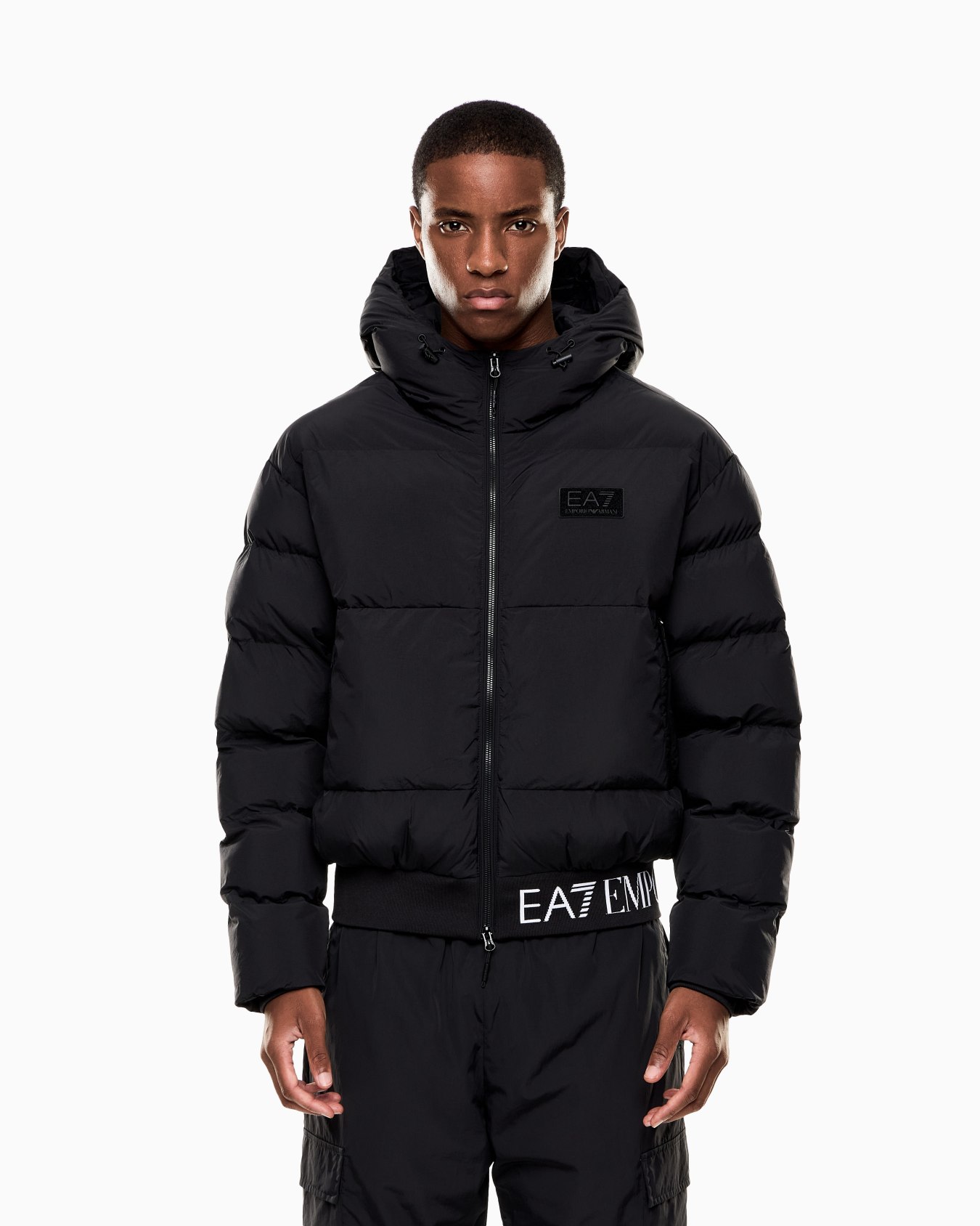 Technical fabric padded jacket with hood and logo  Slide 3