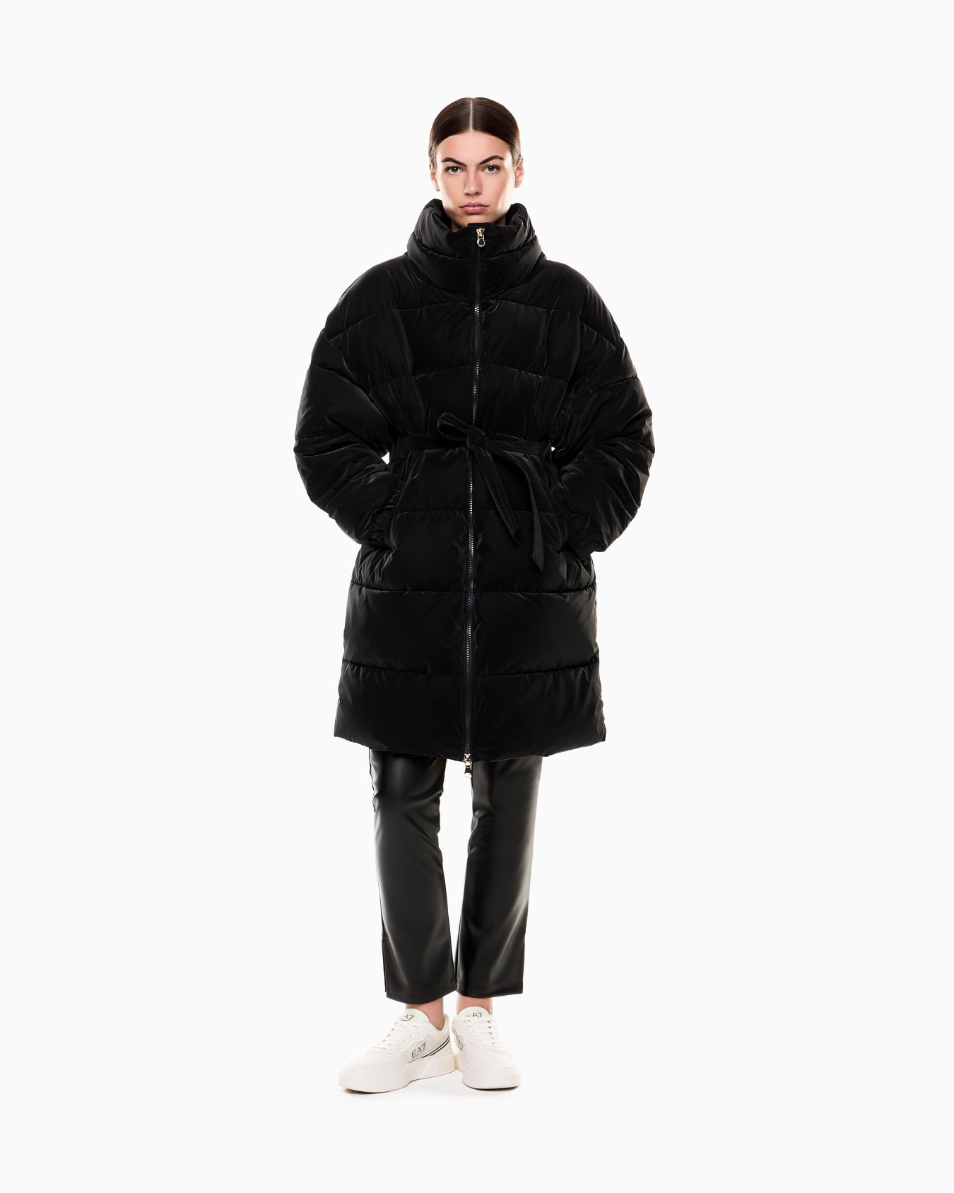 Long padded jacket in nylon with belt Slide 1