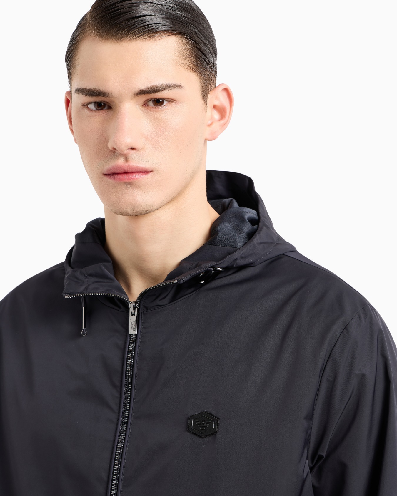 Hooded, water-repellent nylon blouson with logo patch Slide 4