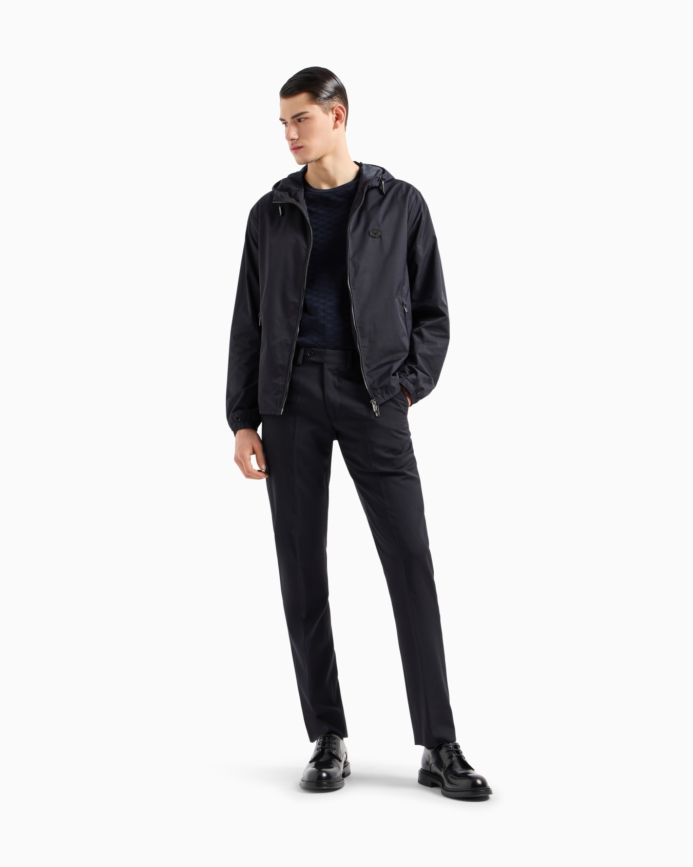 Hooded, water-repellent nylon blouson with logo patch Slide 1