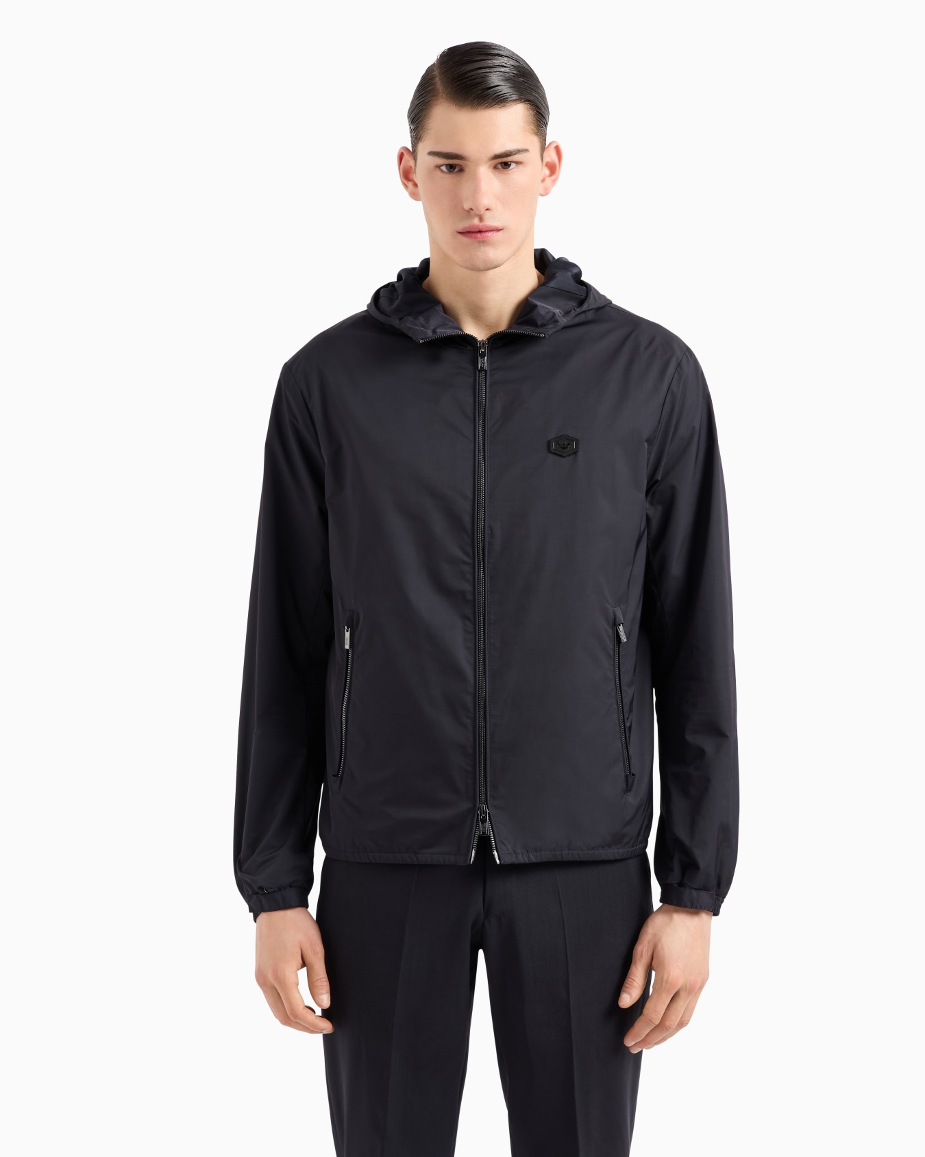 Hooded, water-repellent nylon blouson with logo patch Slide 3