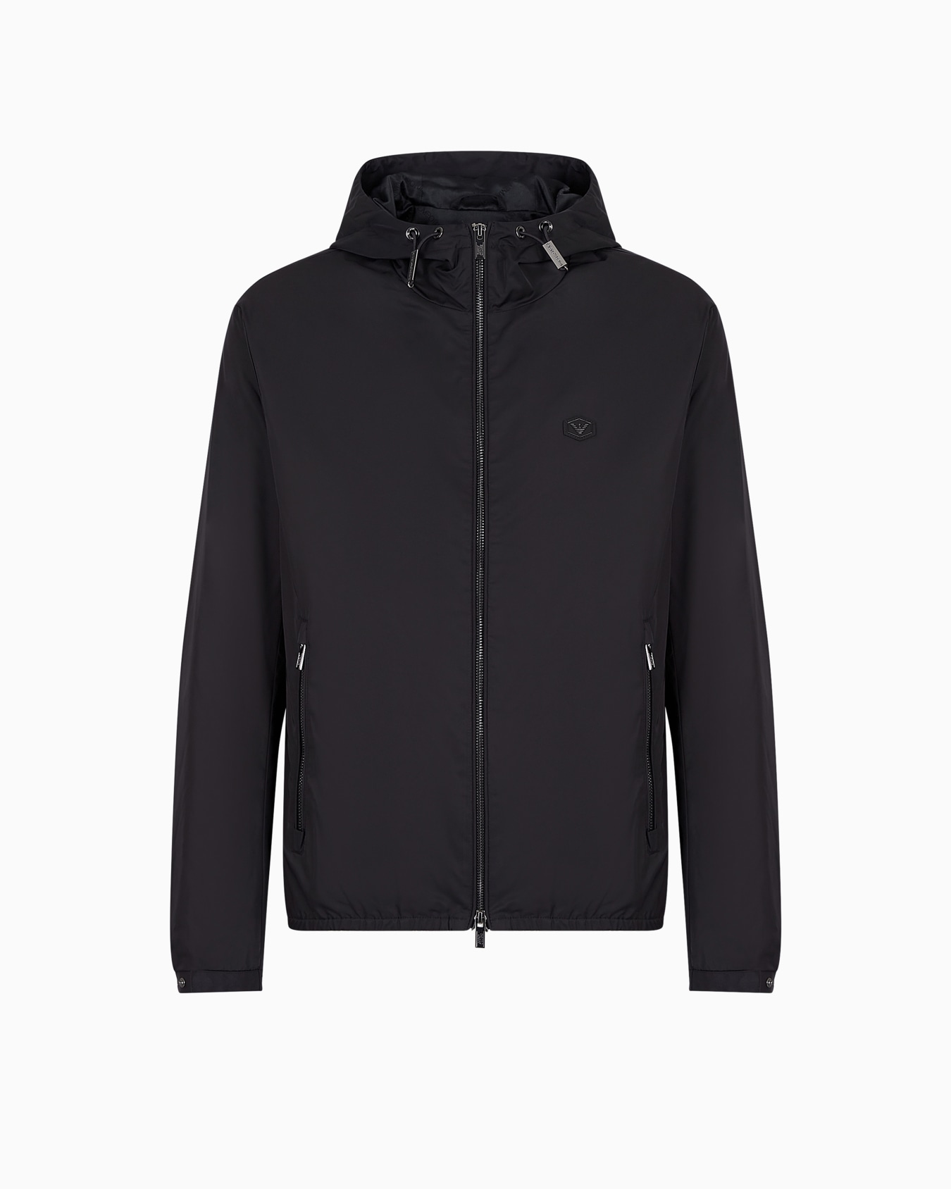 Hooded, water-repellent nylon blouson with logo patch Slide 0