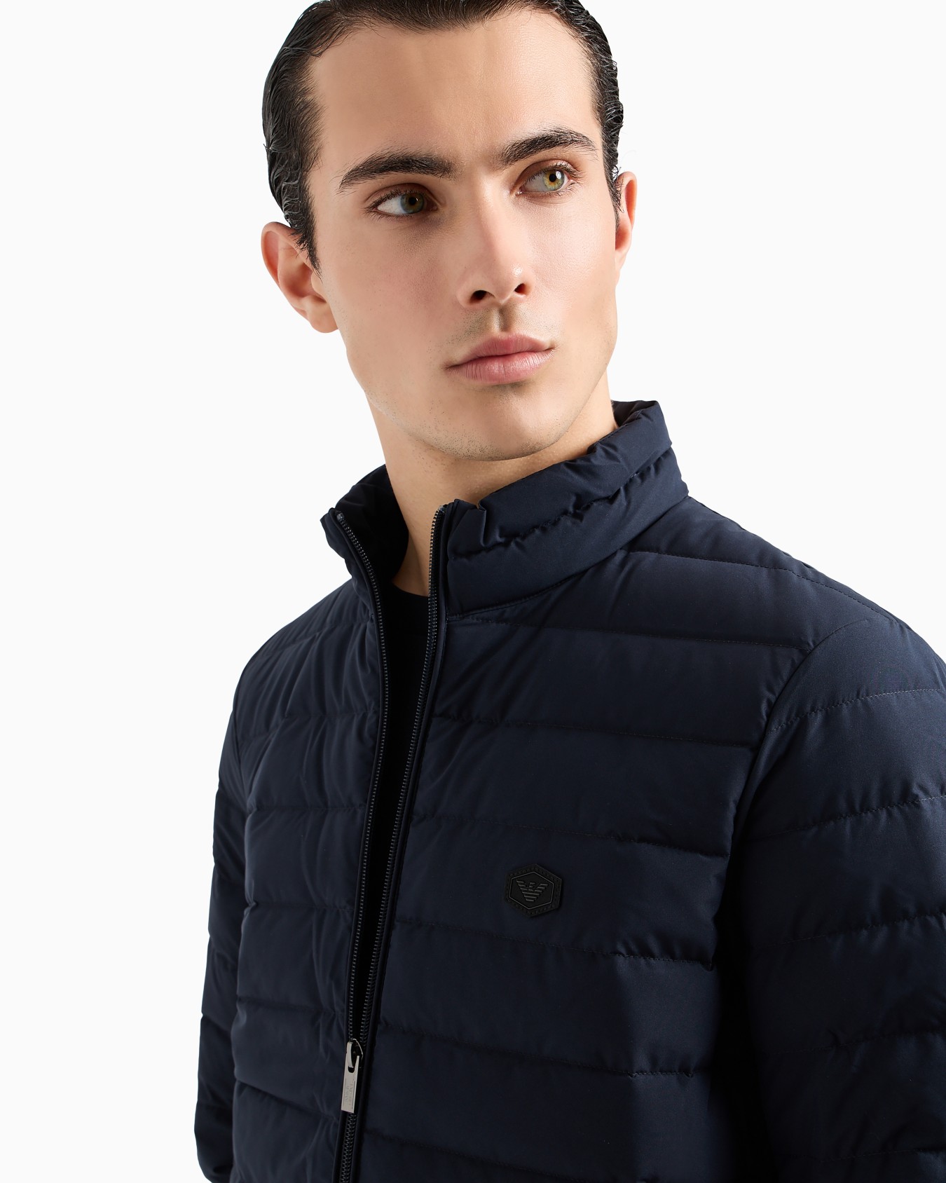 Quilted nylon full-zip down jacket with eagle logo patch Slide 4