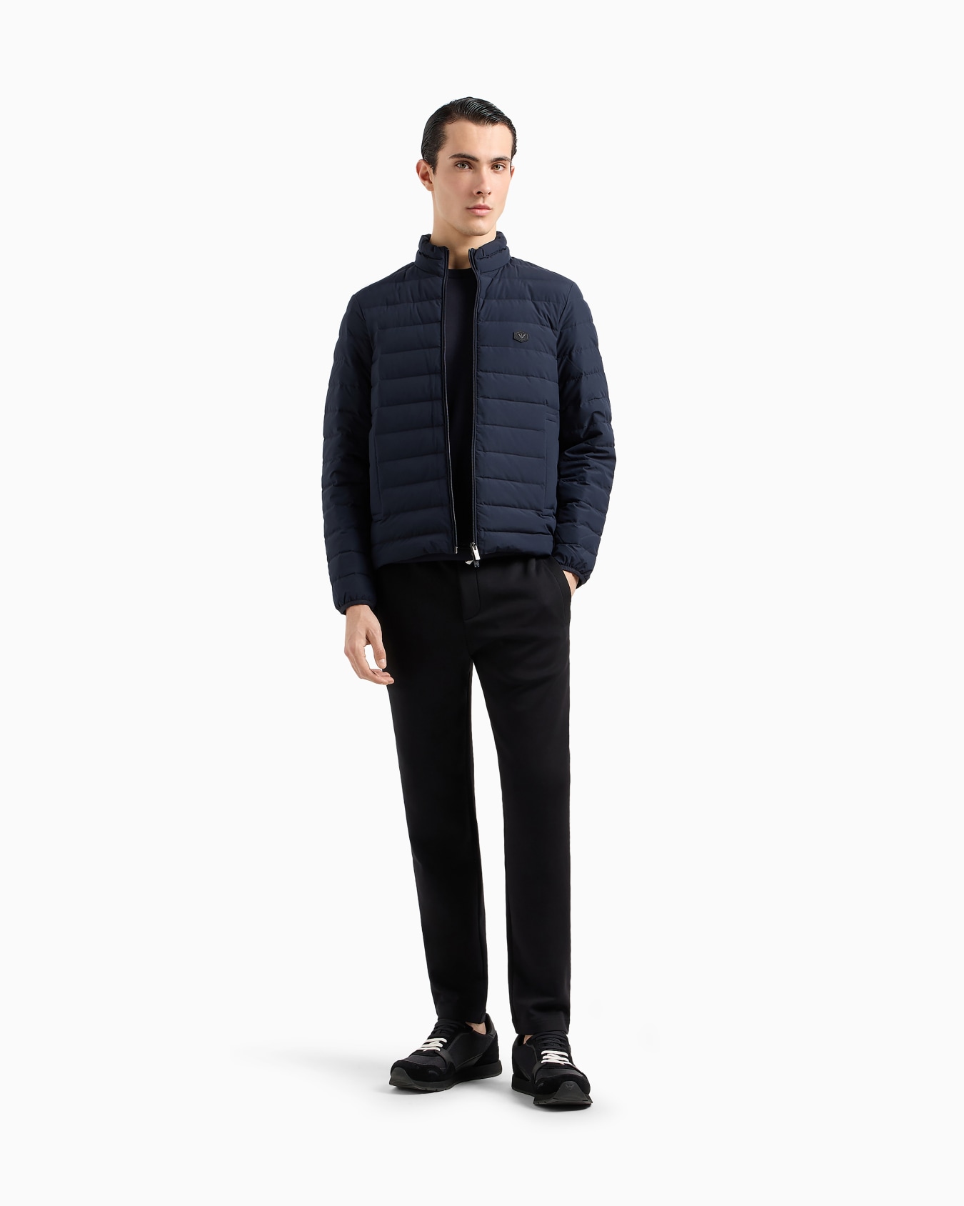 Quilted nylon full-zip down jacket with eagle logo patch Slide 1