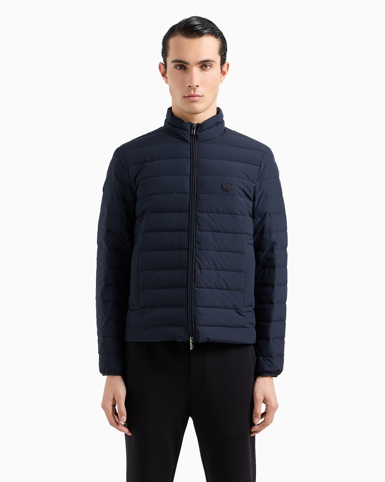 Quilted nylon full-zip down jacket with eagle logo patch Slide 3