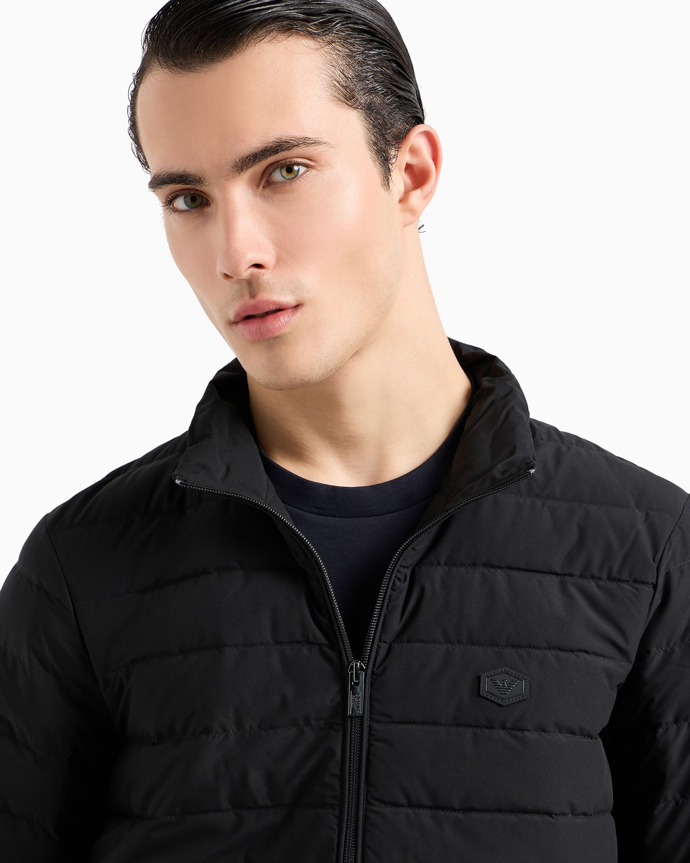 Quilted nylon full-zip down jacket with eagle logo patch Slide 4