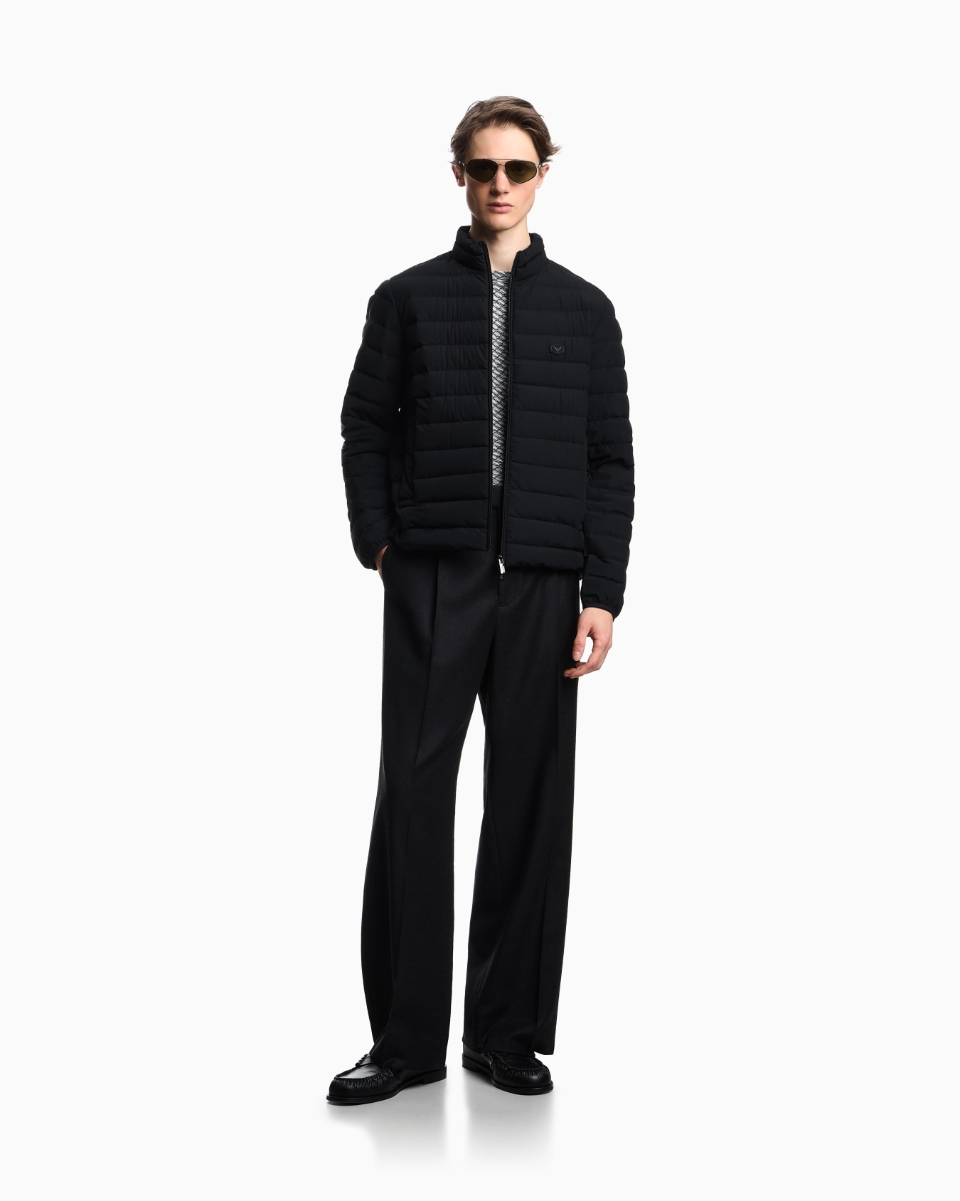 Quilted nylon full-zip down jacket with eagle logo patch Slide 1