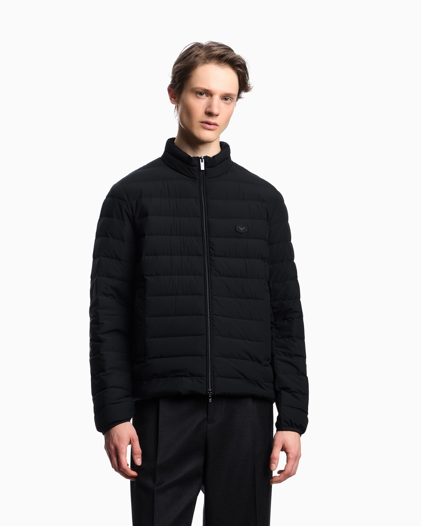 Quilted nylon full-zip down jacket with eagle logo patch Slide 3