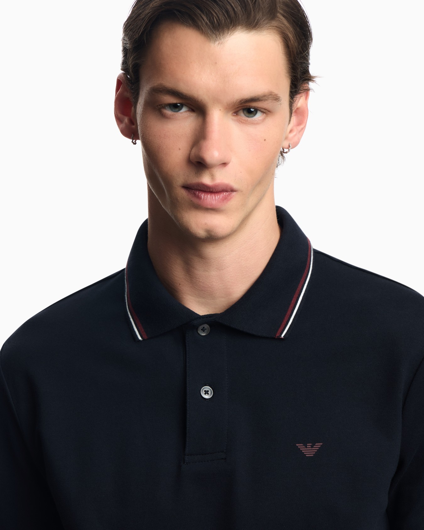 Long-sleeved stretch piqué polo shirt with micro eagle embroidery Slide 4