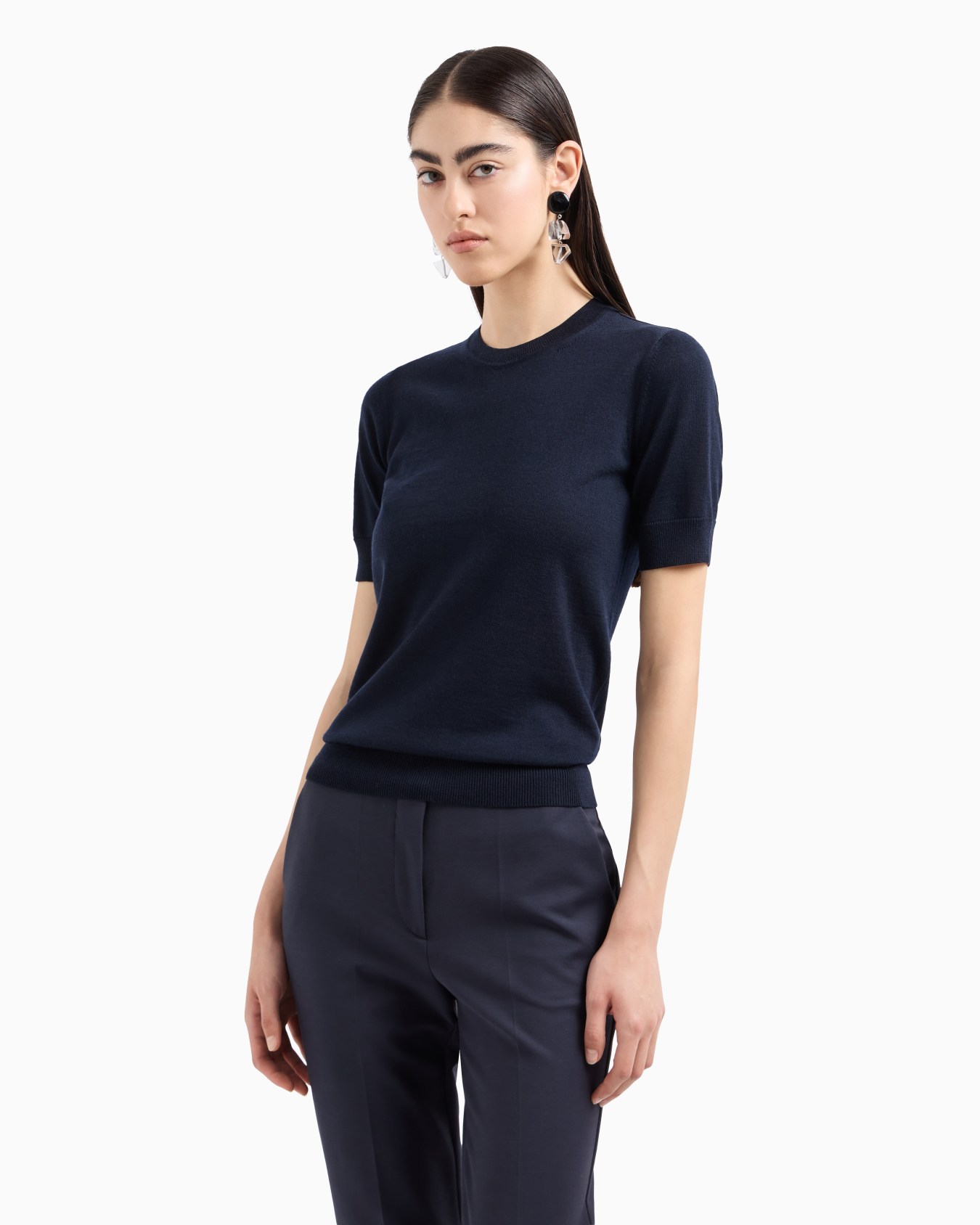 Short-sleeved jumper in plain-knit pure virgin wool Slide 1