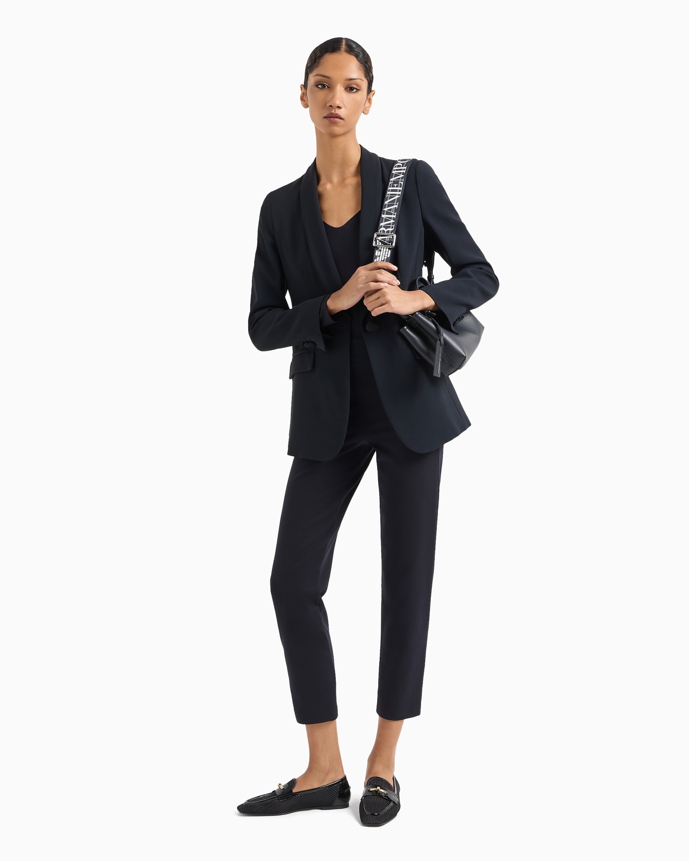 Slim fit trousers in Milano knit fabric with satin band Slide 3