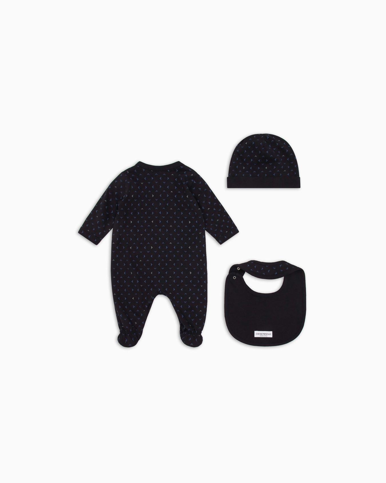 Set de regalo con mono, babero y gorrito con motivo integral de águila con efecto óptico Diapositiva 2