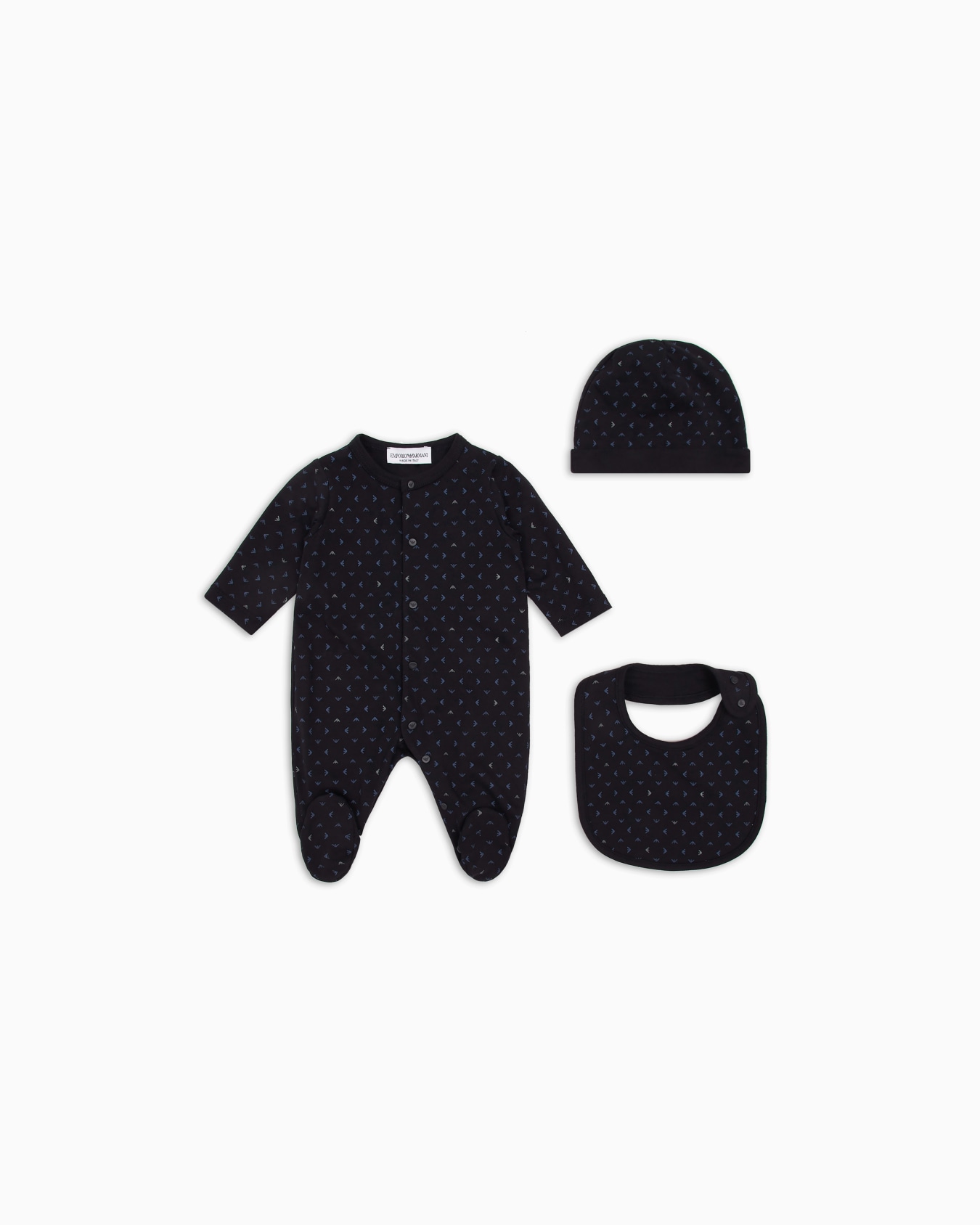Set de regalo con mono, babero y gorrito con motivo integral de águila con efecto óptico Diapositiva 0