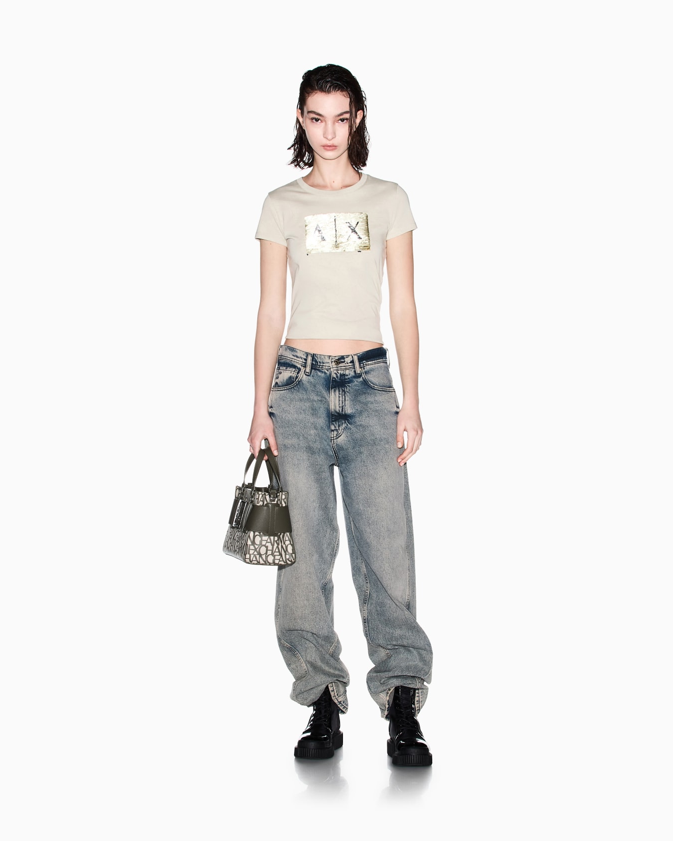 Slim fit T-shirt with rhinestone logo Diapositive 1