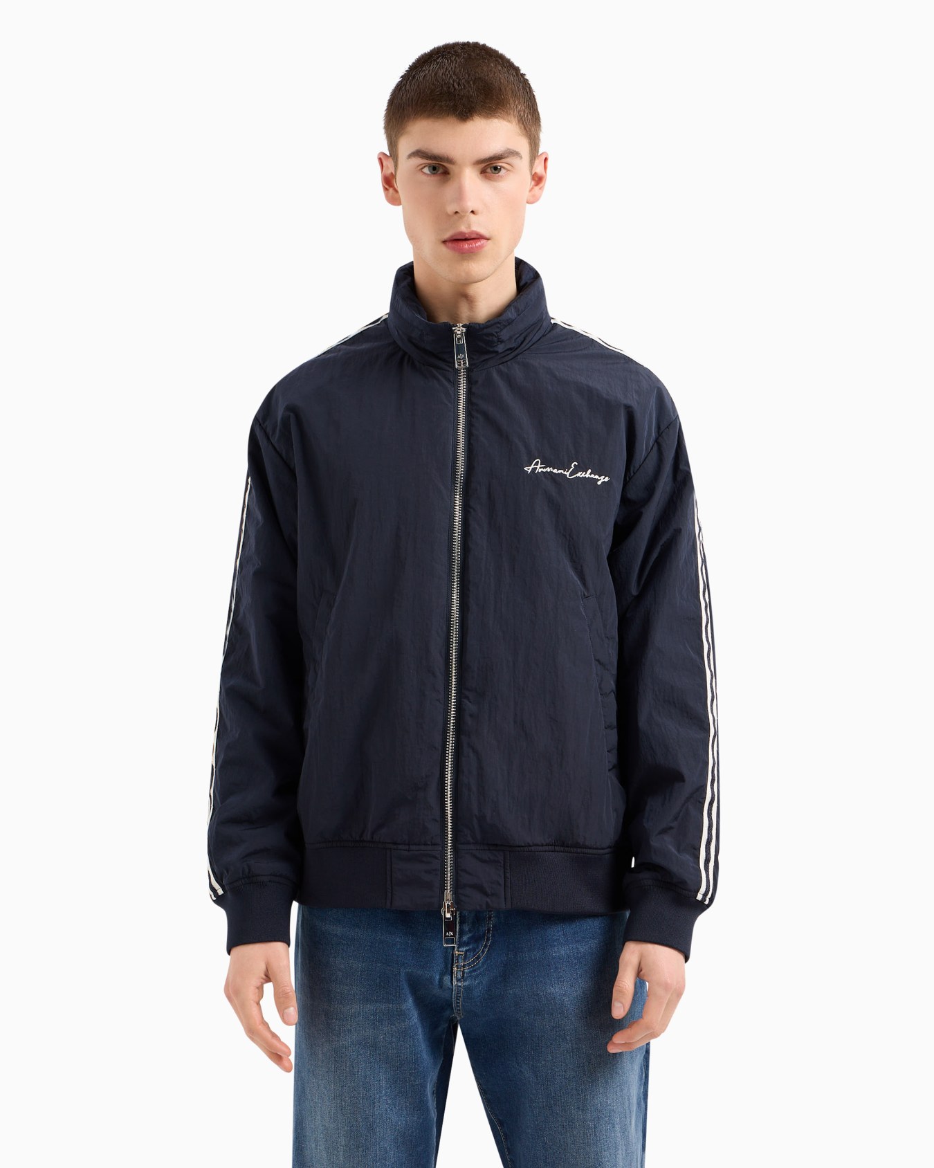 Full zip blouson in crinkle fabric with logo on the chest Slide 1