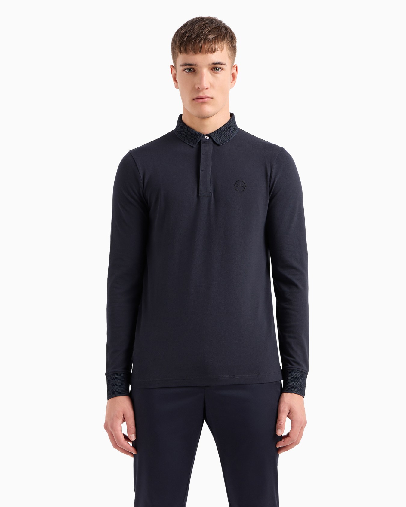 Slim fit polo shirt in stretch cotton with long sleeves Slide 1