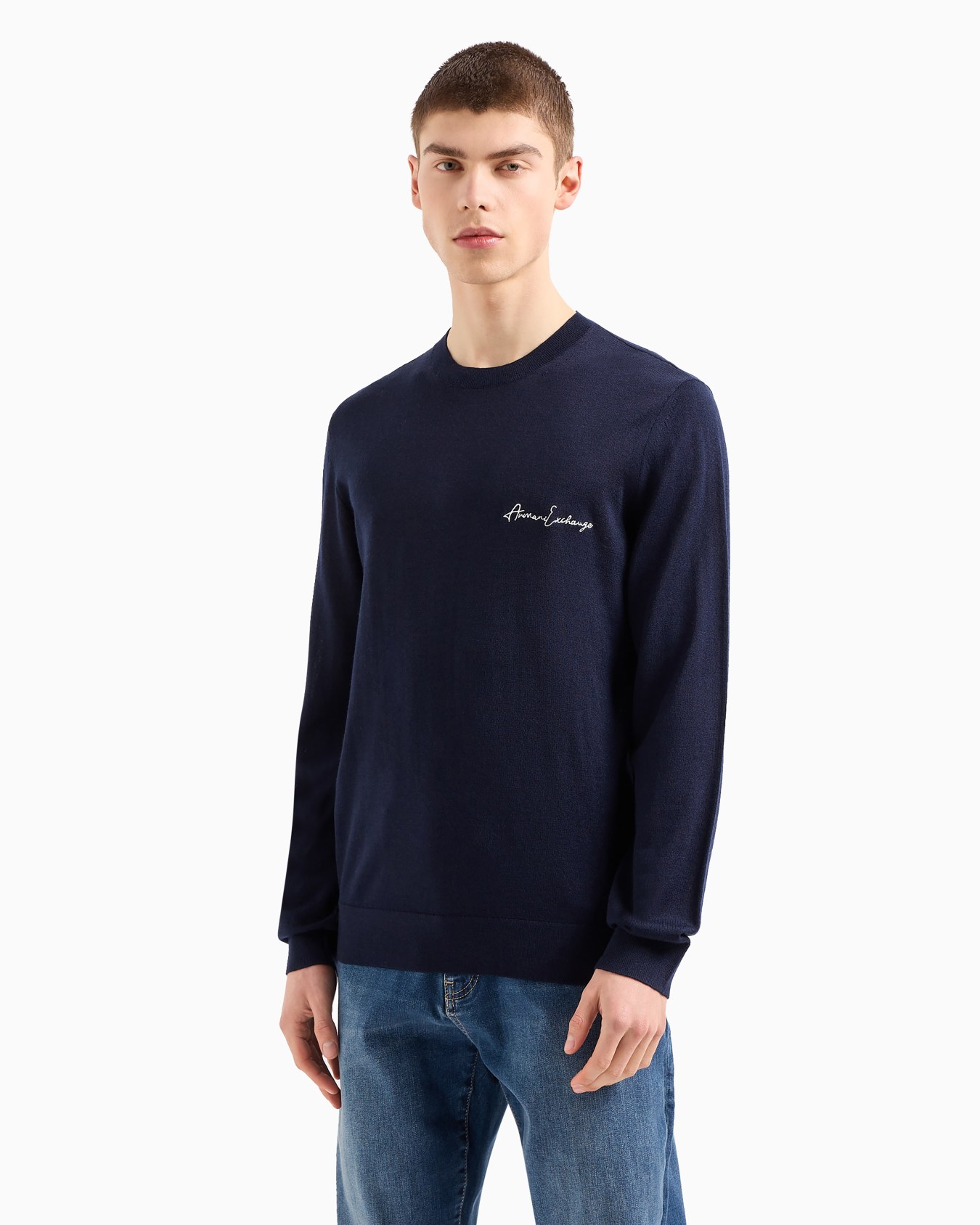 Wool blend crew neck sweater with chest logo Slide 3