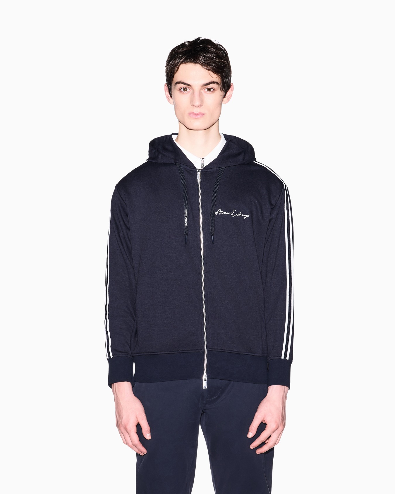 Full zip sweatshirt in bonded cotton with bands on the sleeves Slide 3
