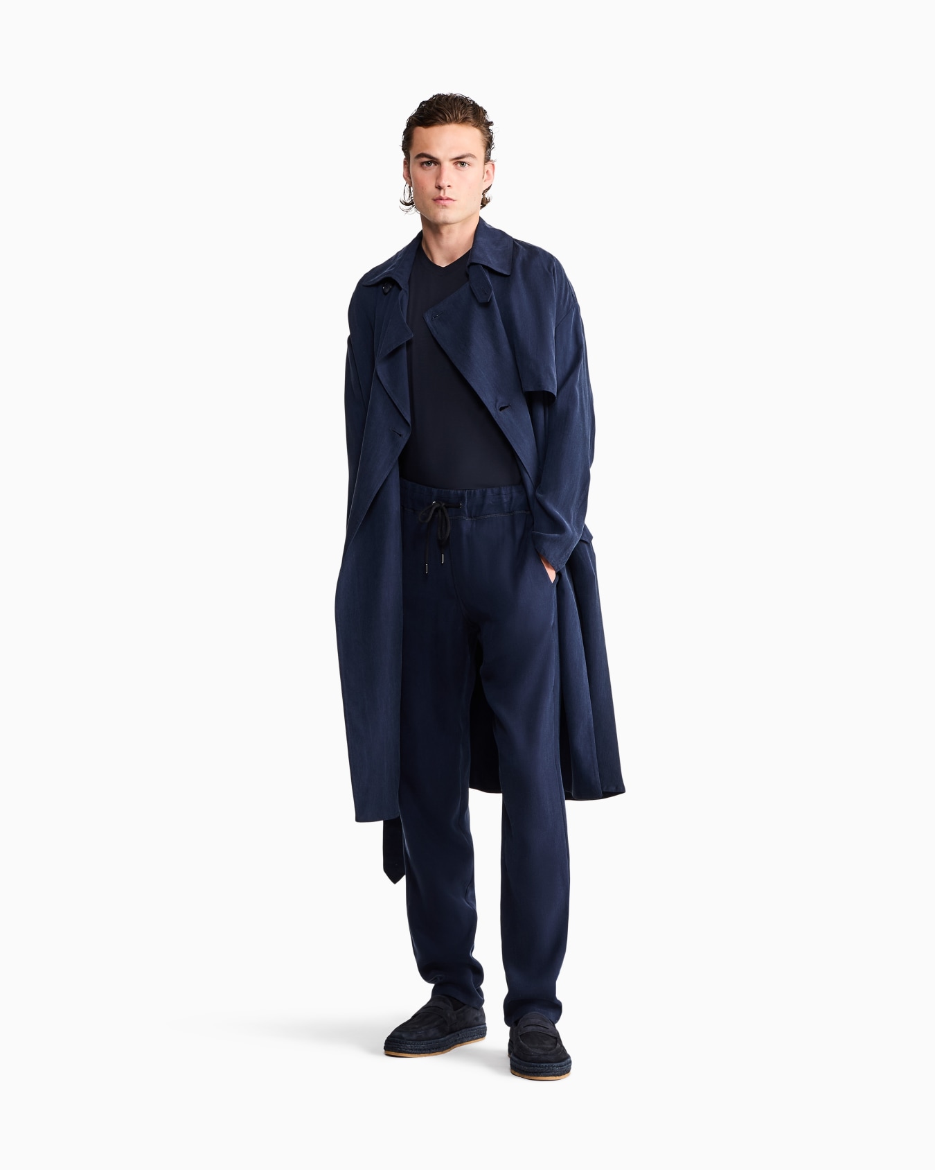 Double-breasted washed cupro coat with a belt Icon Slide 1