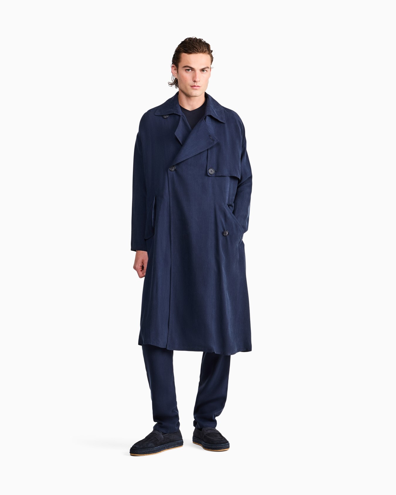 Double-breasted washed cupro coat with a belt Icon Slide 3