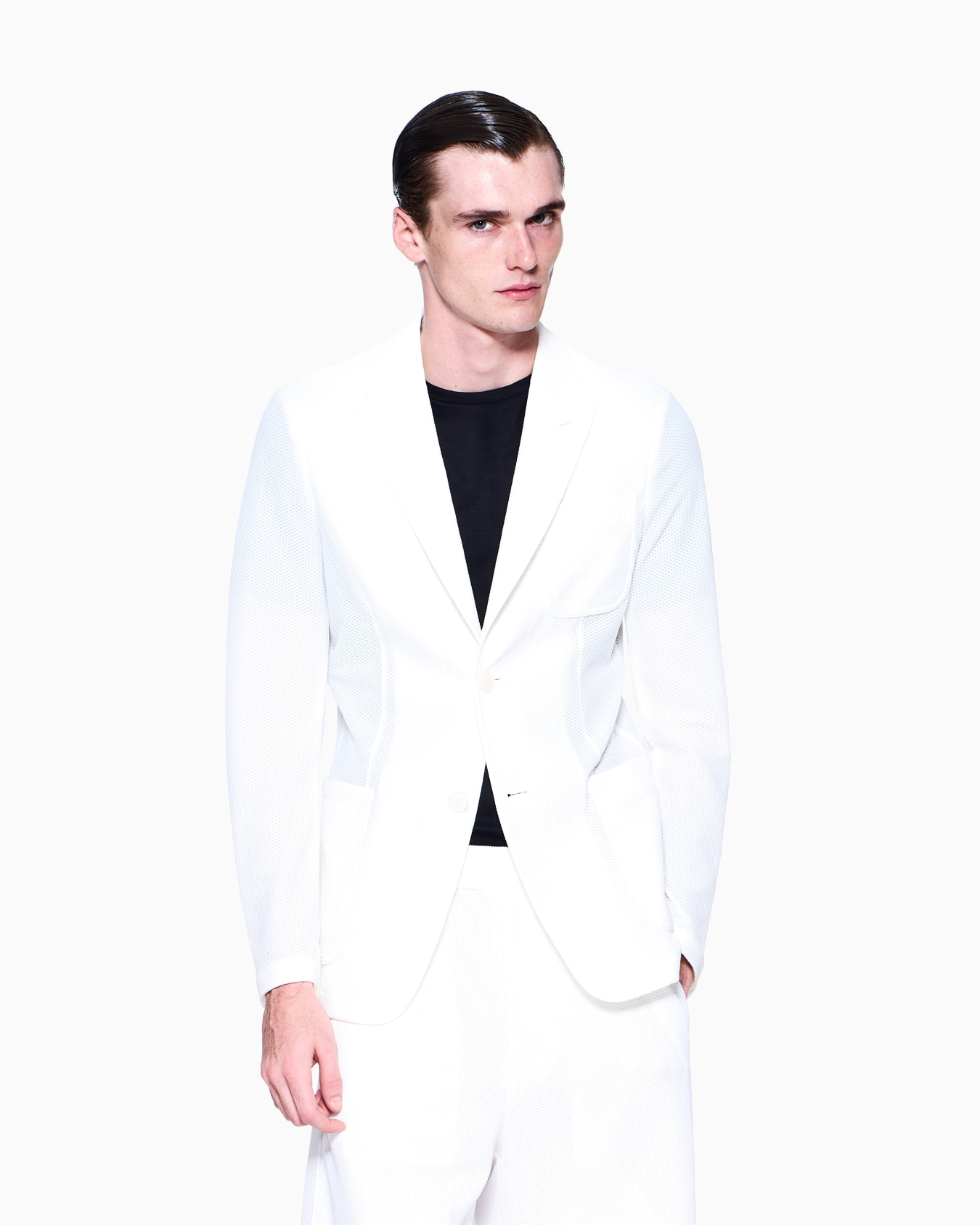 Single-breasted jacket in technical waffle fabric Slide 3