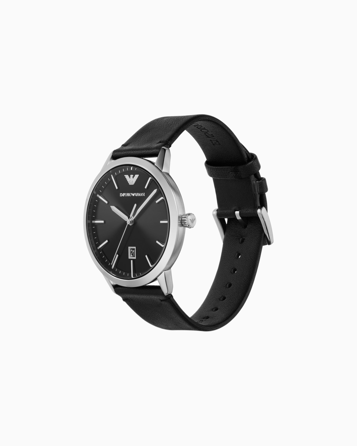 Black leather watch with three hands and date display Slide 1