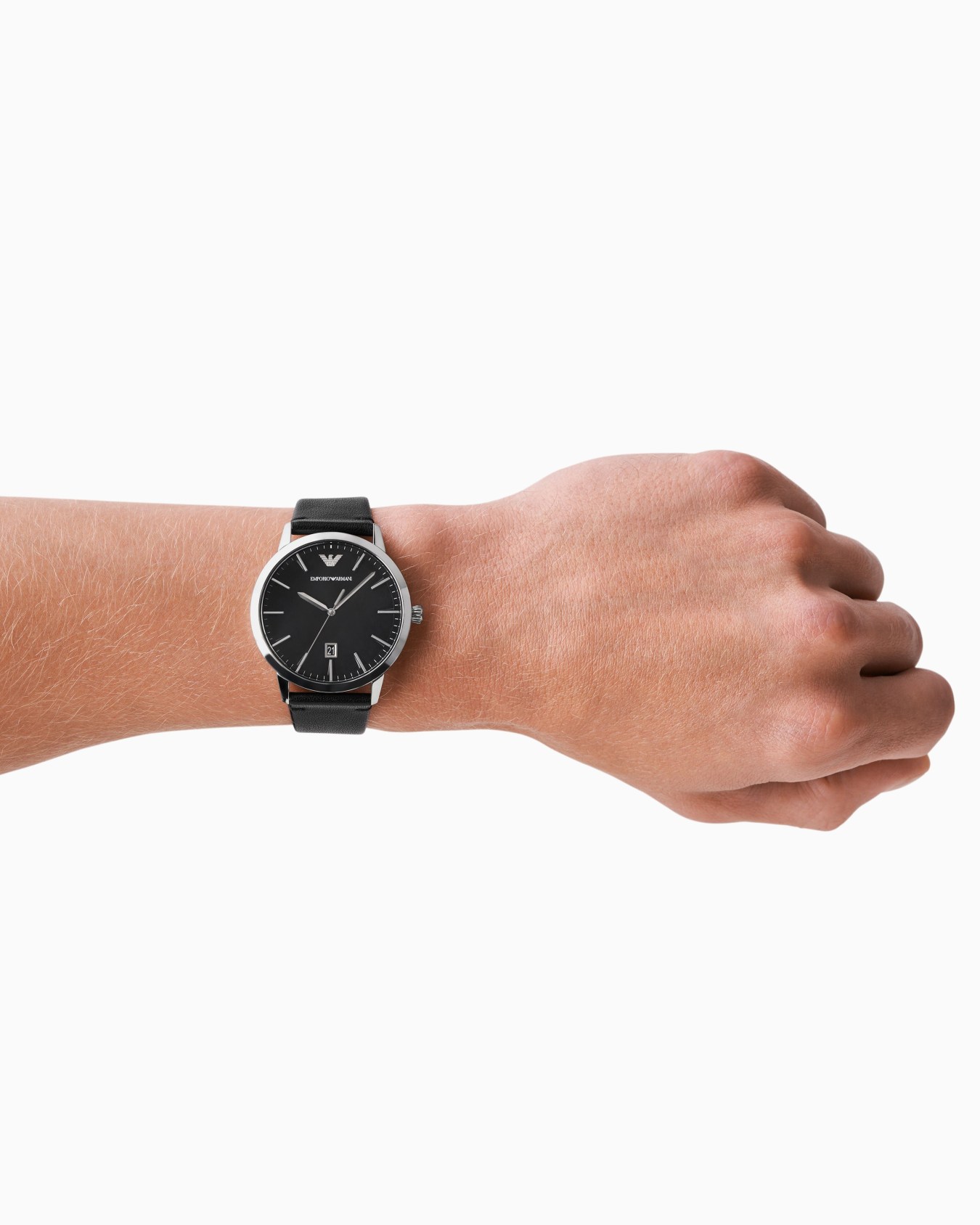 Black leather watch with three hands and date display Slide 1