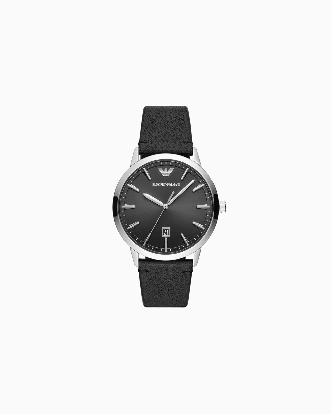 Black leather watch with three hands and date display Slide 0