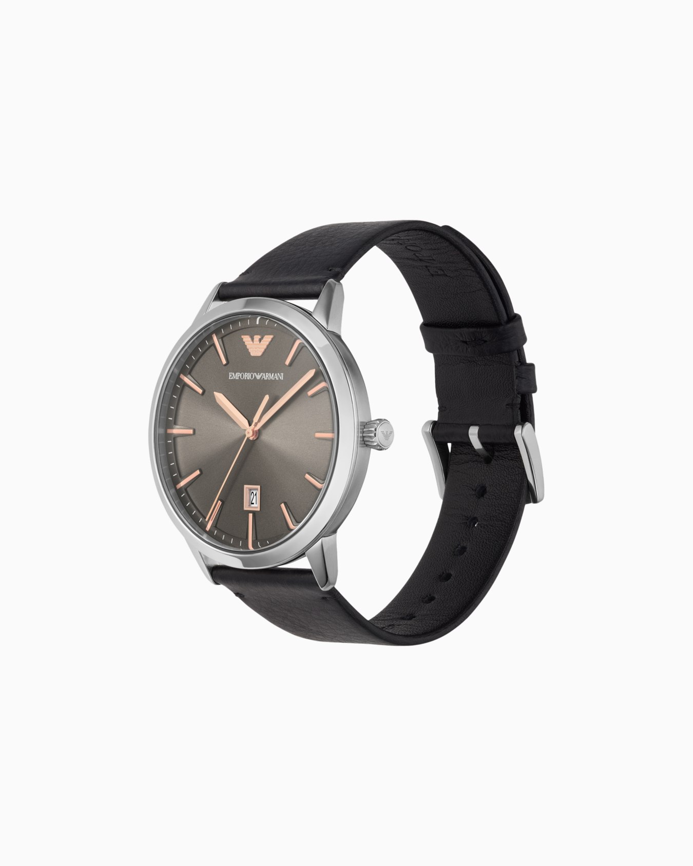 Black leather watch with three hands and date display Slide 1