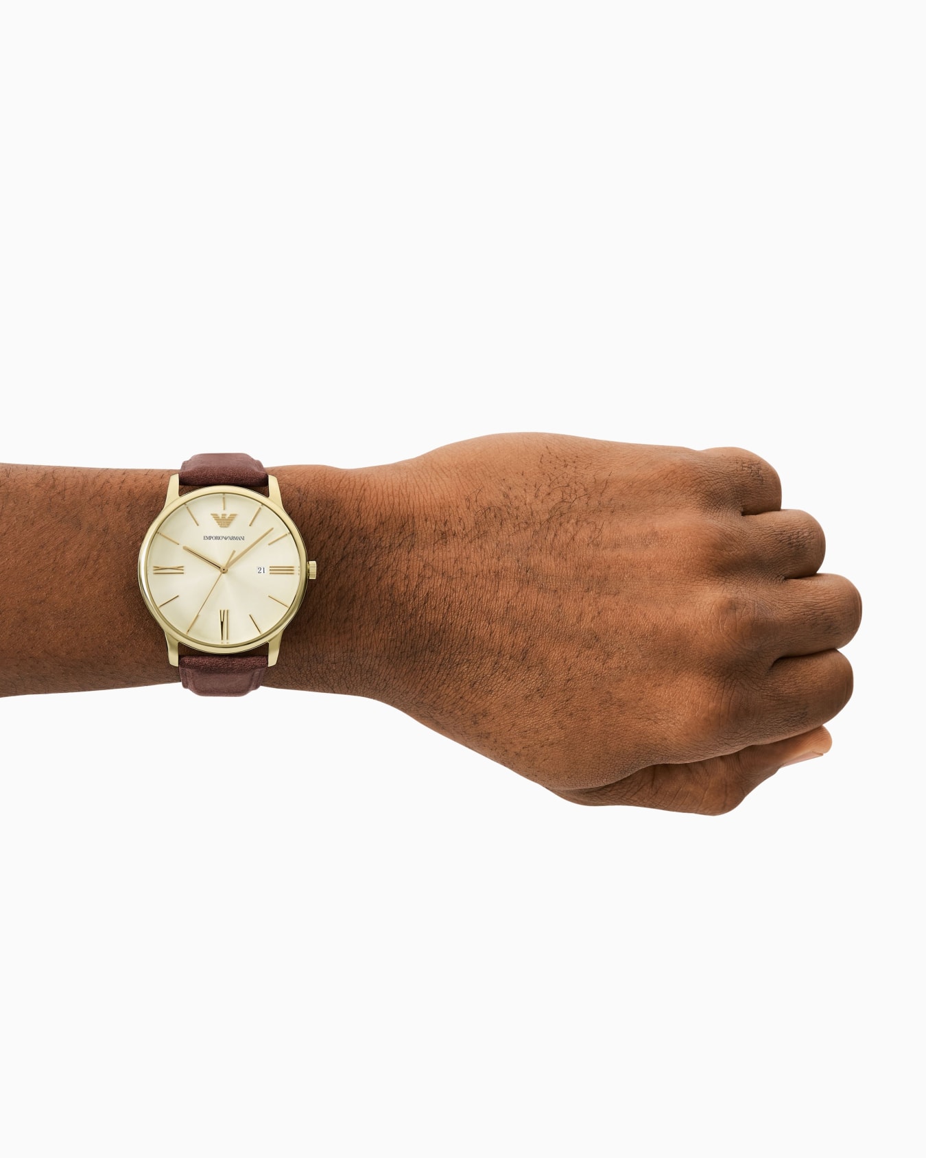 Montre à trois aiguilles en cuir marron avec date Diapositive 1