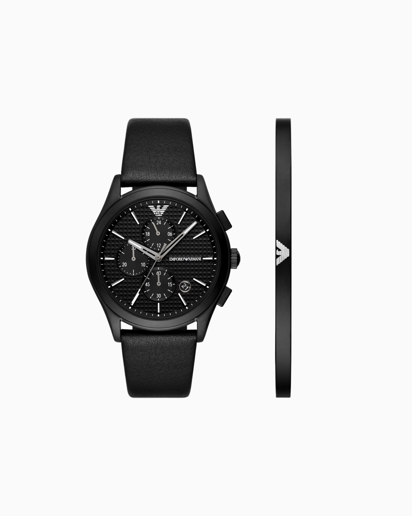 Chronograph Black Leather Watch and Bracelet Set Slide 0
