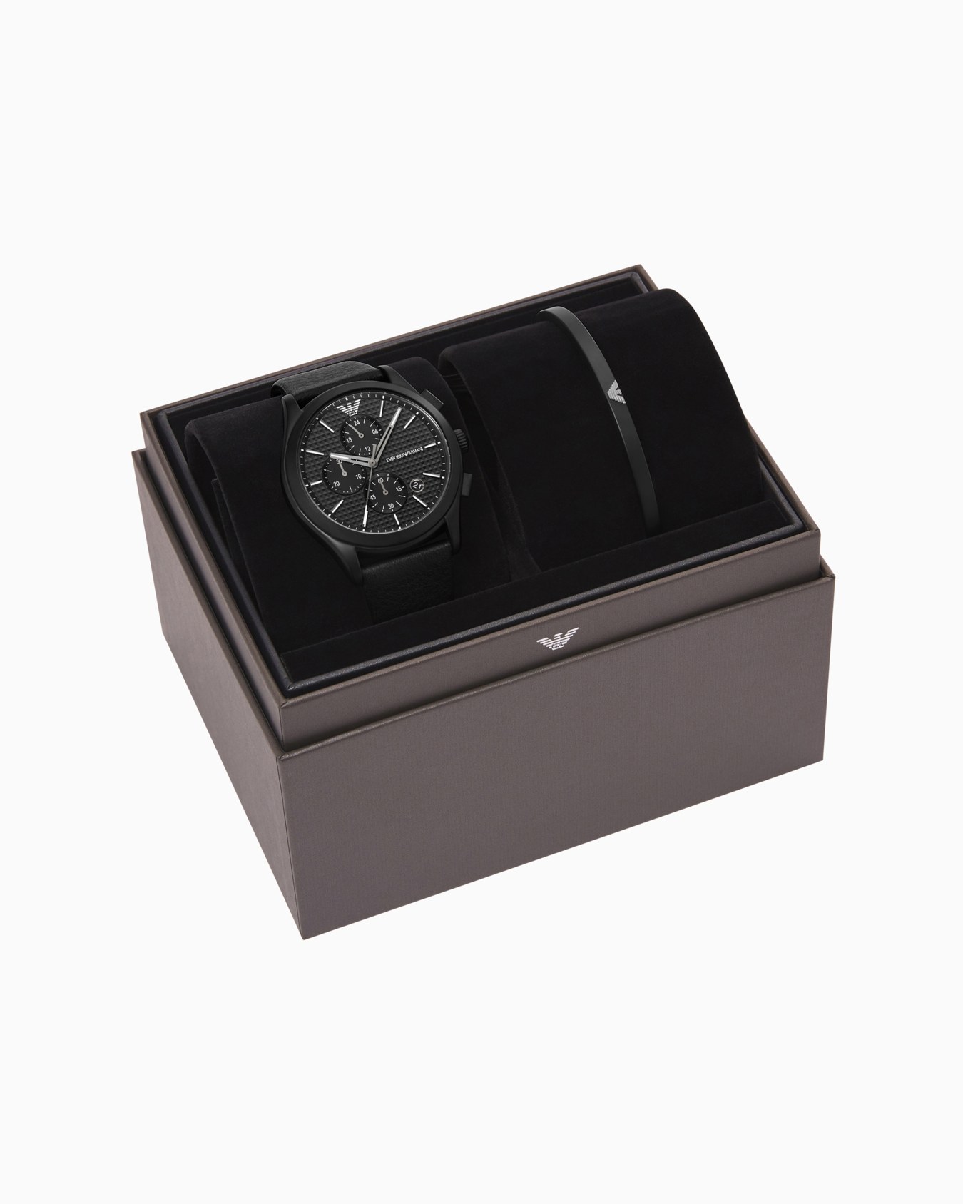 Chronograph Black Leather Watch and Bracelet Set Slide 2