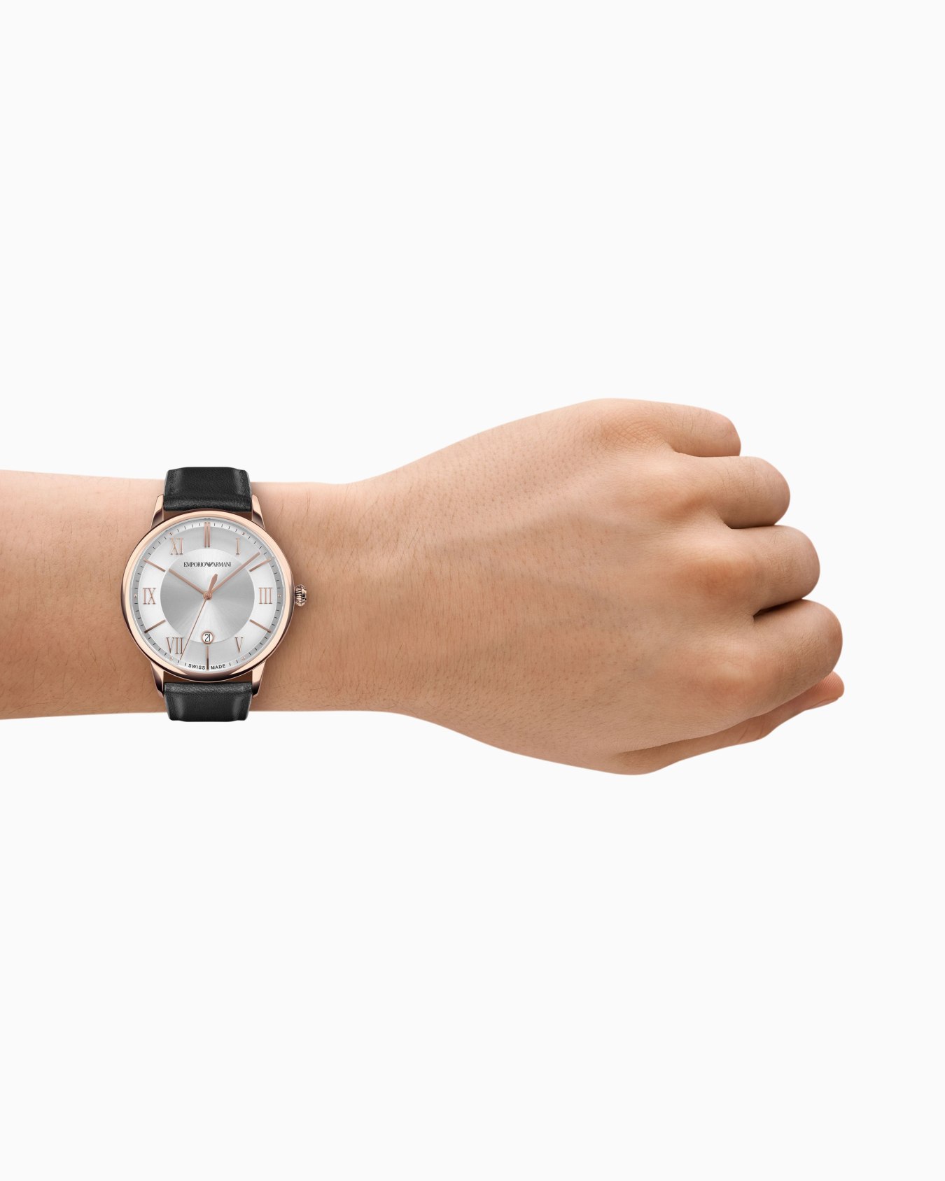 Swiss Made Three-Hand Date Black Leather Watch Slide 1