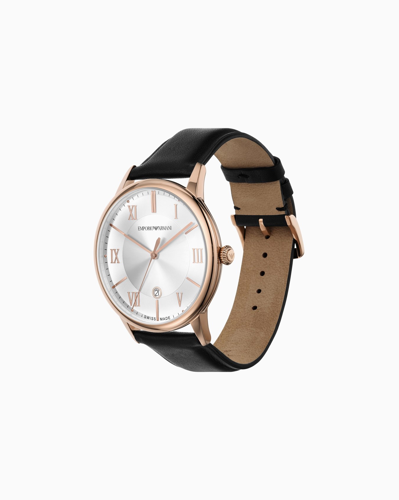 Swiss Made Three-Hand Date Black Leather Watch Slide 2