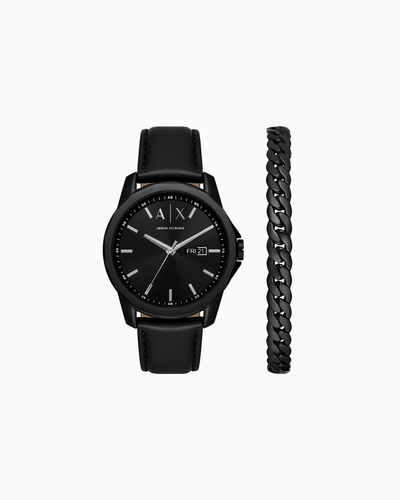 Schwarze Lederuhr mit Dreizeiger-Datumsanzeige und schwarzem Edelstahlarmband Folie 0