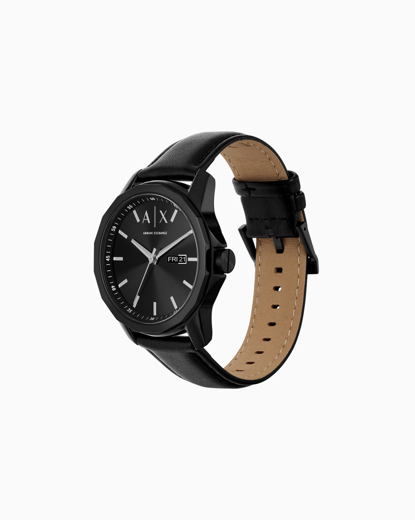 Black leather watch with three-hand date display and black stainless steel bracelet Slide 1