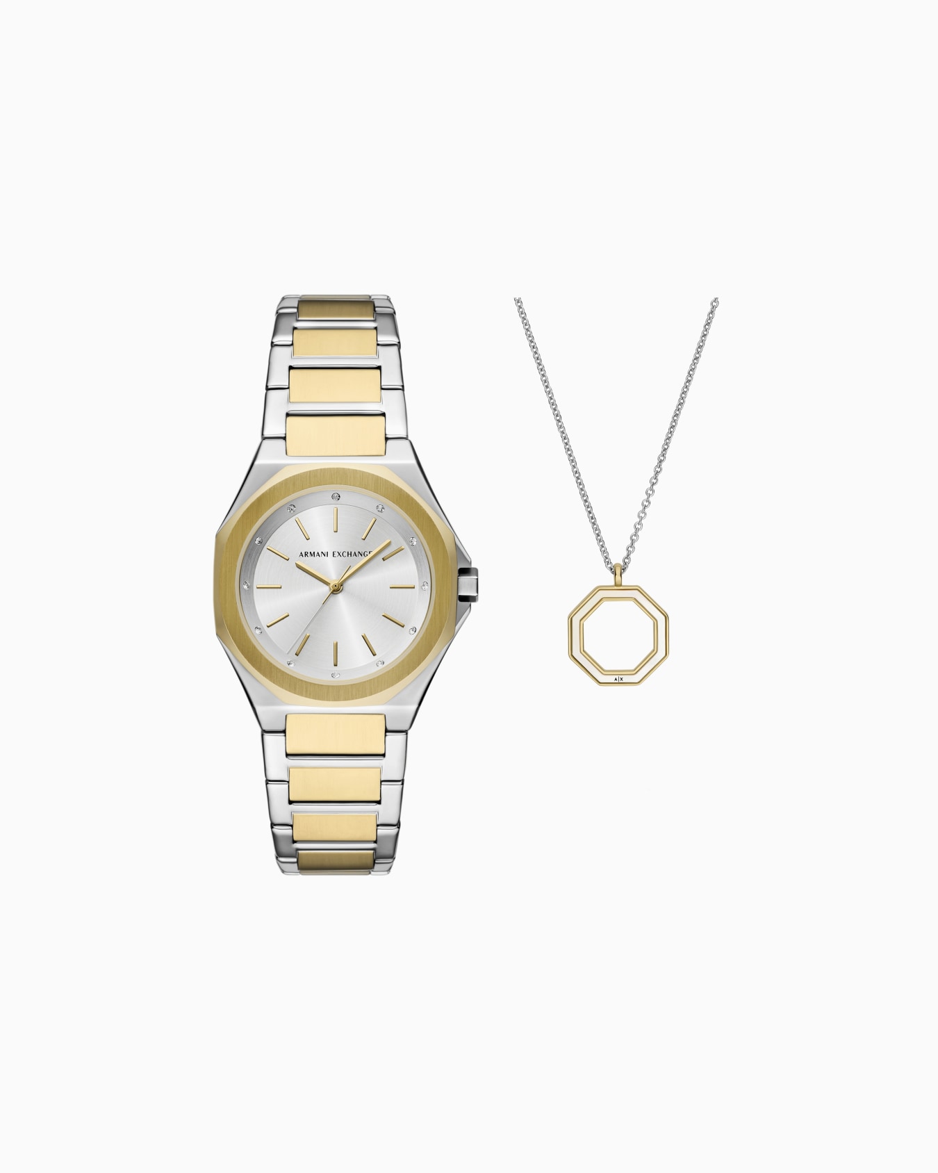  Three-Hand Two-Tone Stainless Steel Watch and Necklace Set Folie 0