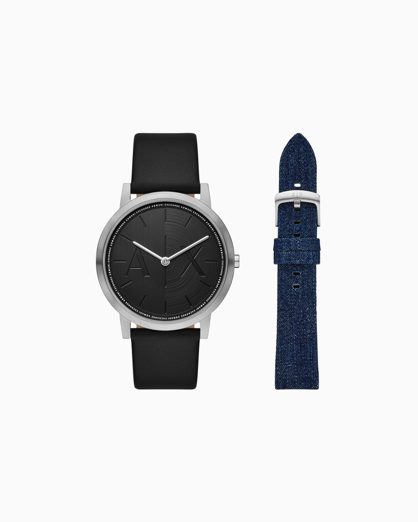 Two-Hand Black Leather Watch and Denim Strap Set Slide 0