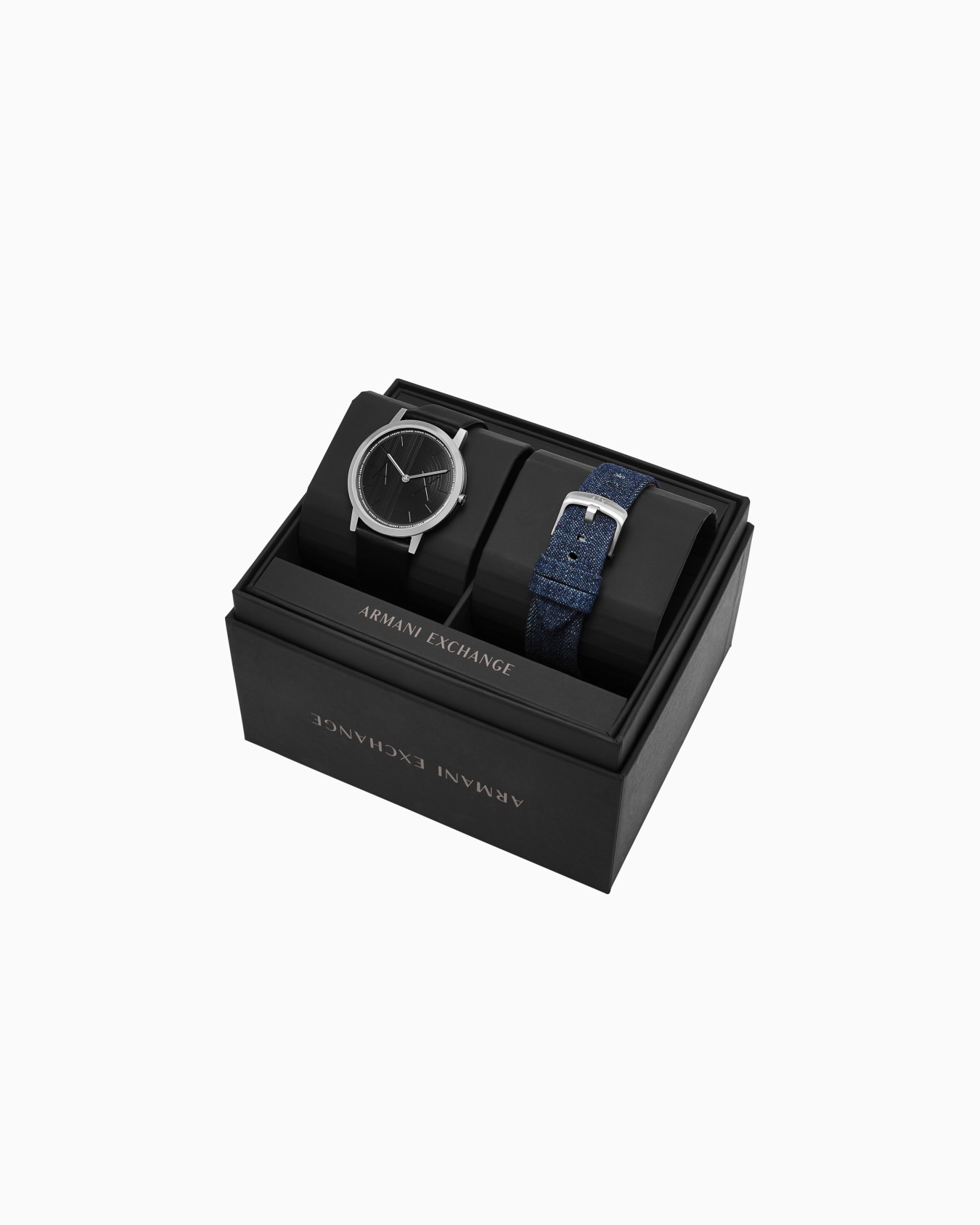 Two-Hand Black Leather Watch and Denim Strap Set Slide 2