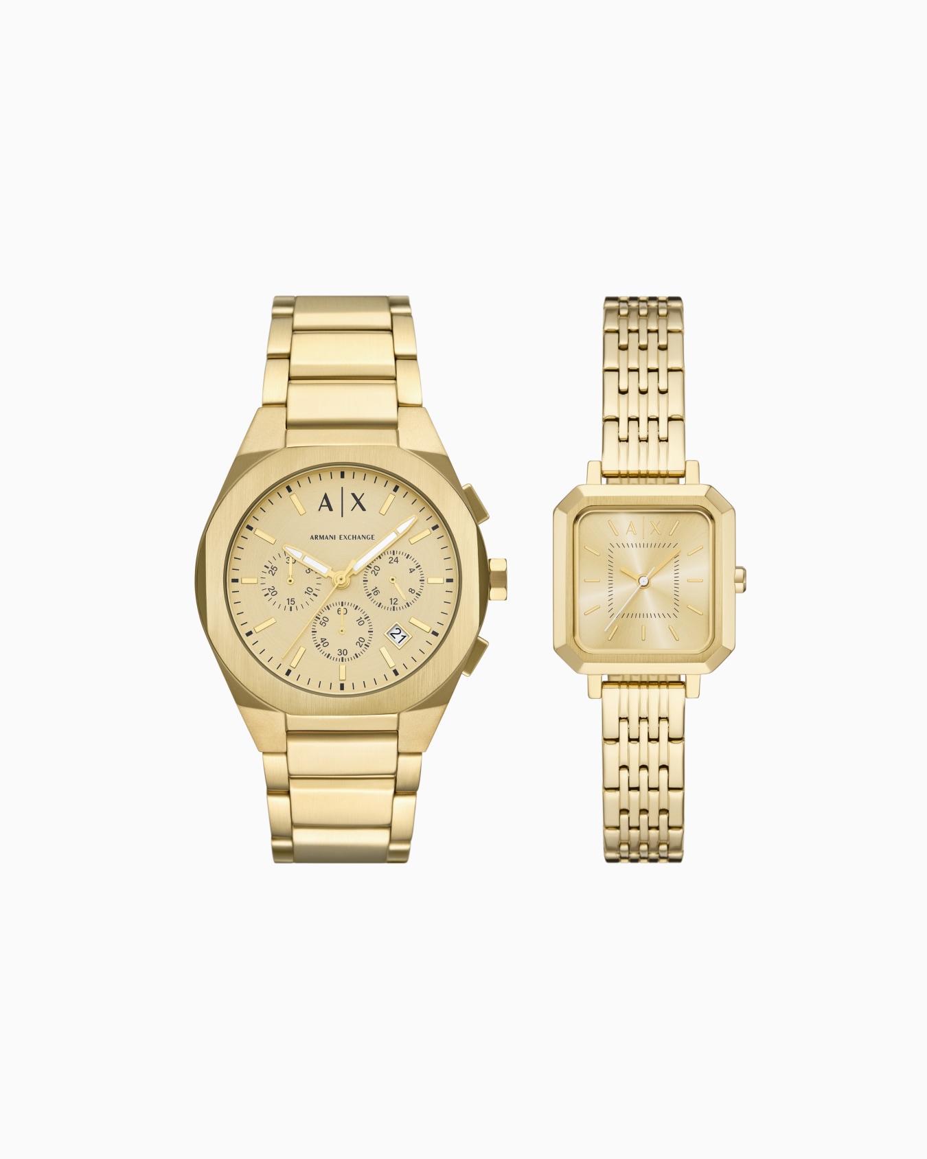 Coffret cadeau avec deux montres chronographes Sync en acier inoxydable couleur or Diapositive 0