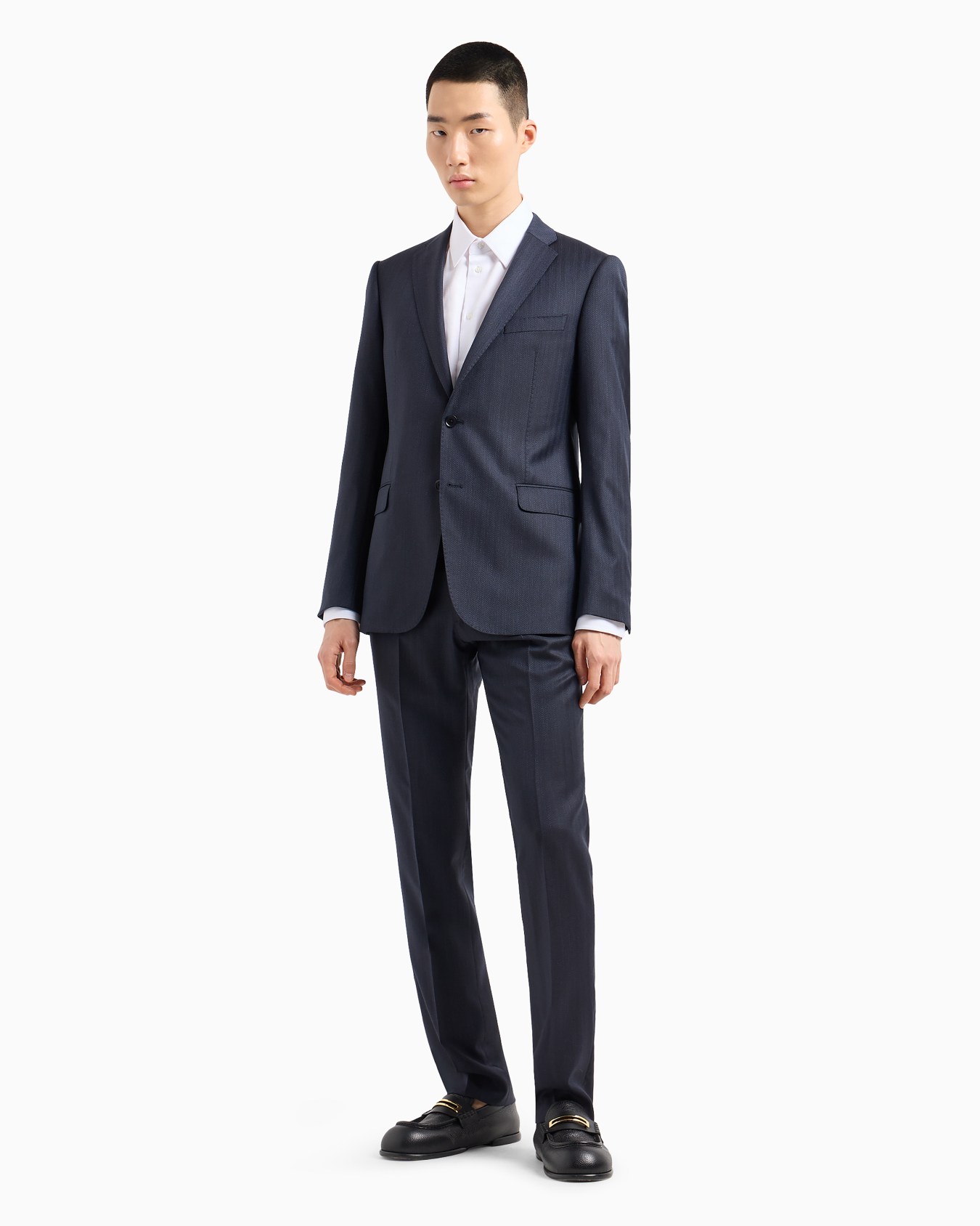 Traje slim fit de abotonadura sencilla en lana superfina con motivo chevrón a rayas Diapositiva 1