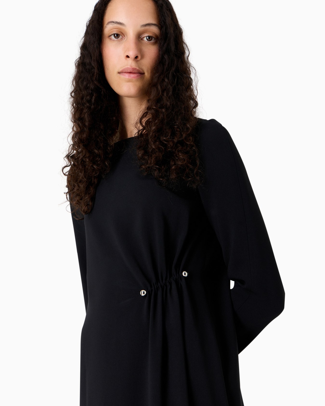 Draped envers satin tunic dress with piercing-style closure Slide 5