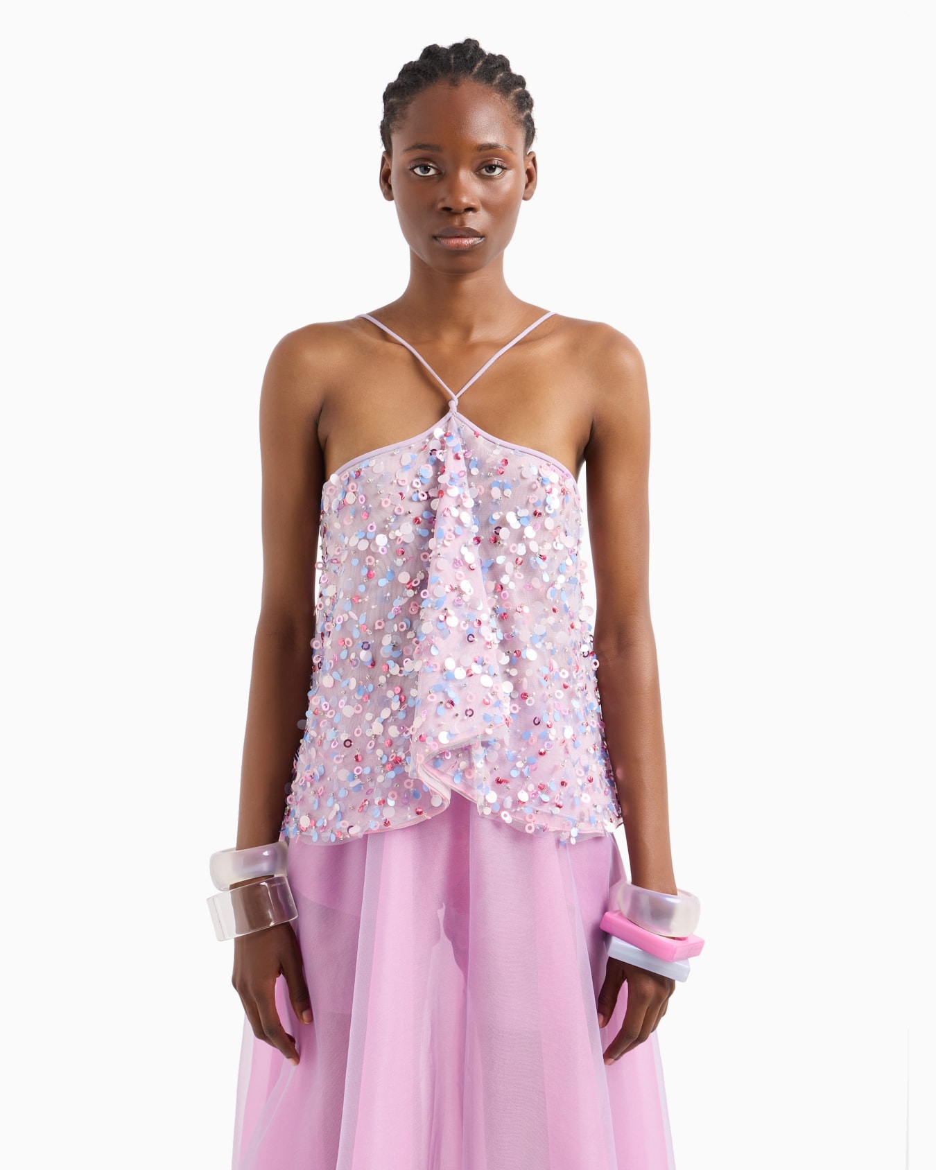 Ruffled tulle top and multicoloured sequin embroidery Slide 2