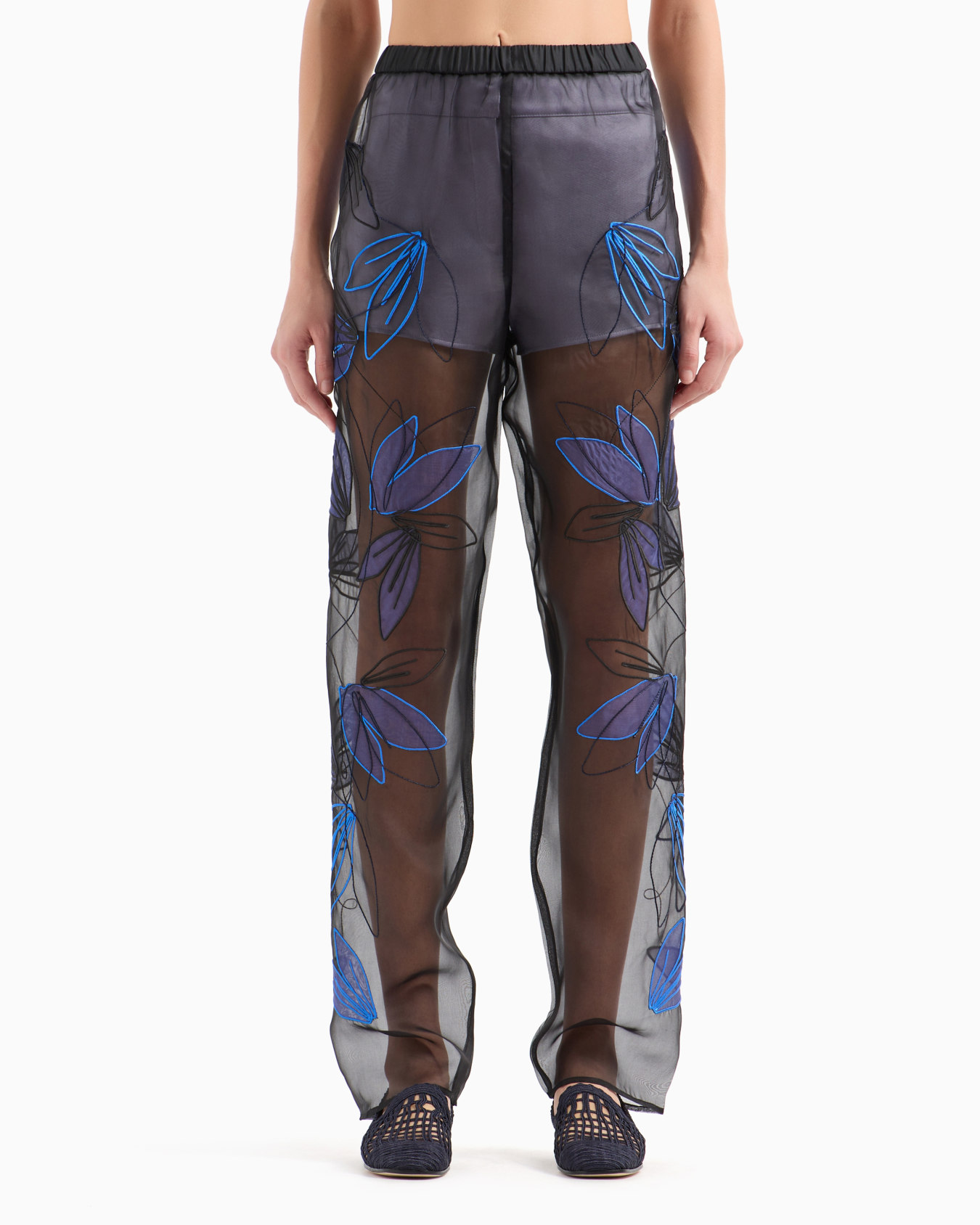 Pure silk organza elasticated-waist trousers with floral embroidery Slide 2